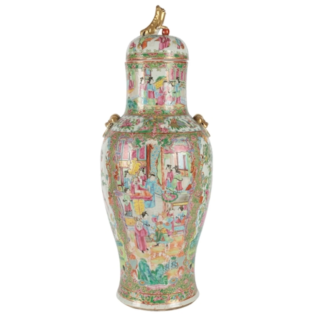 A large Chinese Guangzhou decorated famille rose vase and co...