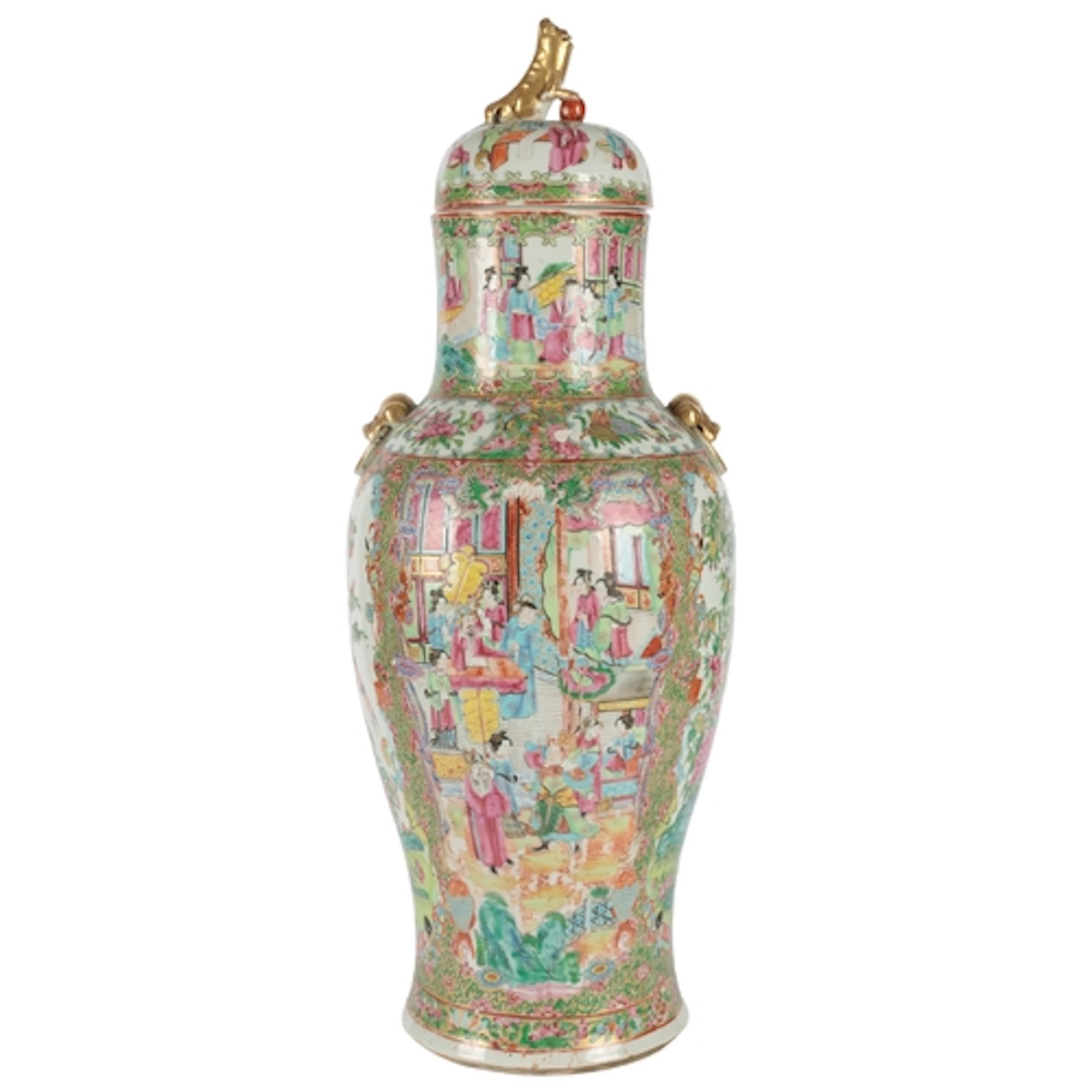 A large Chinese Guangzhou decorated famille rose vase and co...