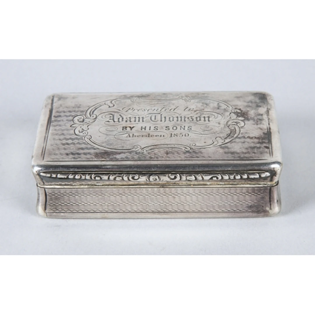 Victorian silver snuff box engraved 'Presented to Adam Thoms...