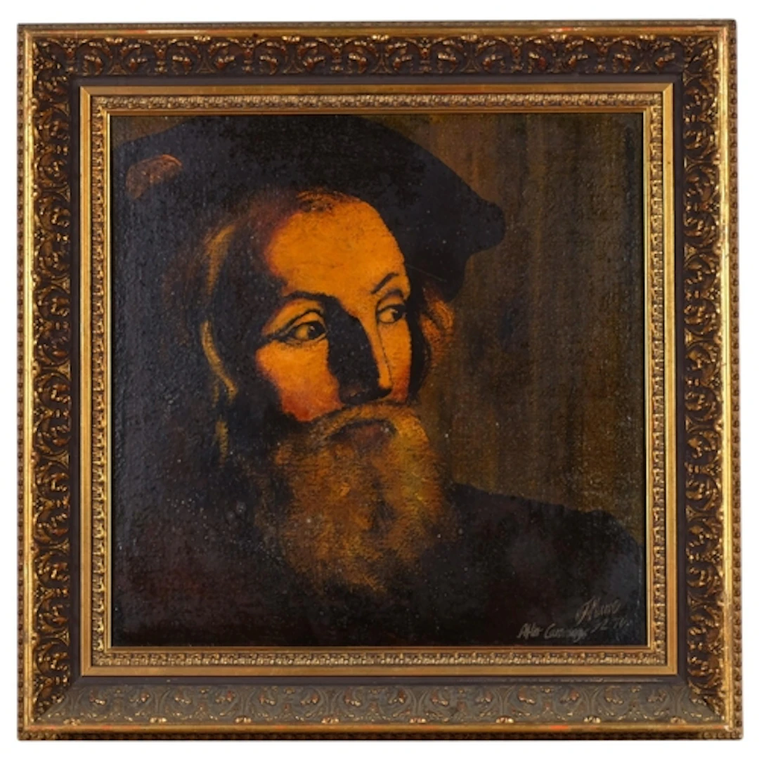 After Caravaggio, portrait of a man, oil on board, 44cm x 44...