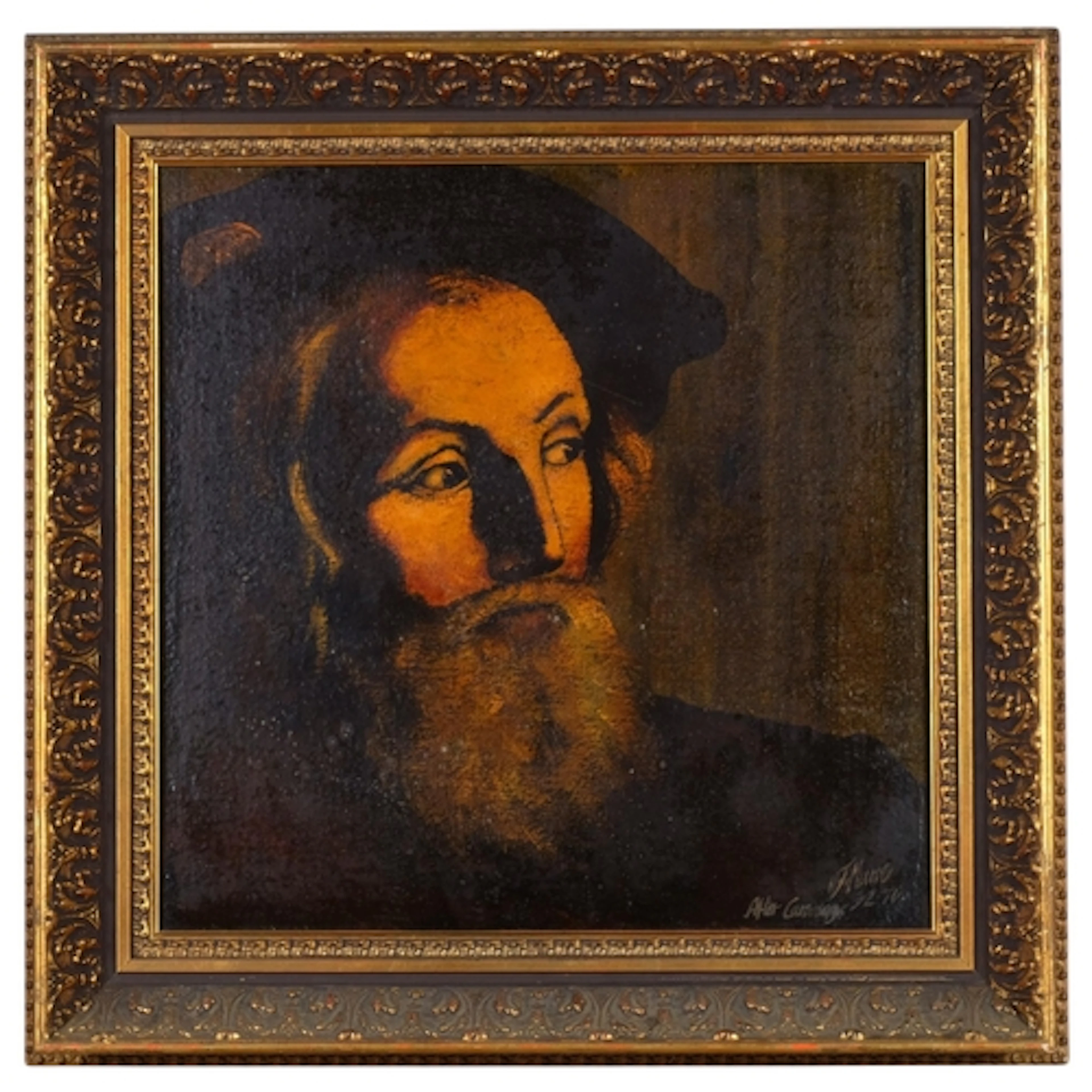 After Caravaggio, portrait of a man, oil on board, 44cm x 44...