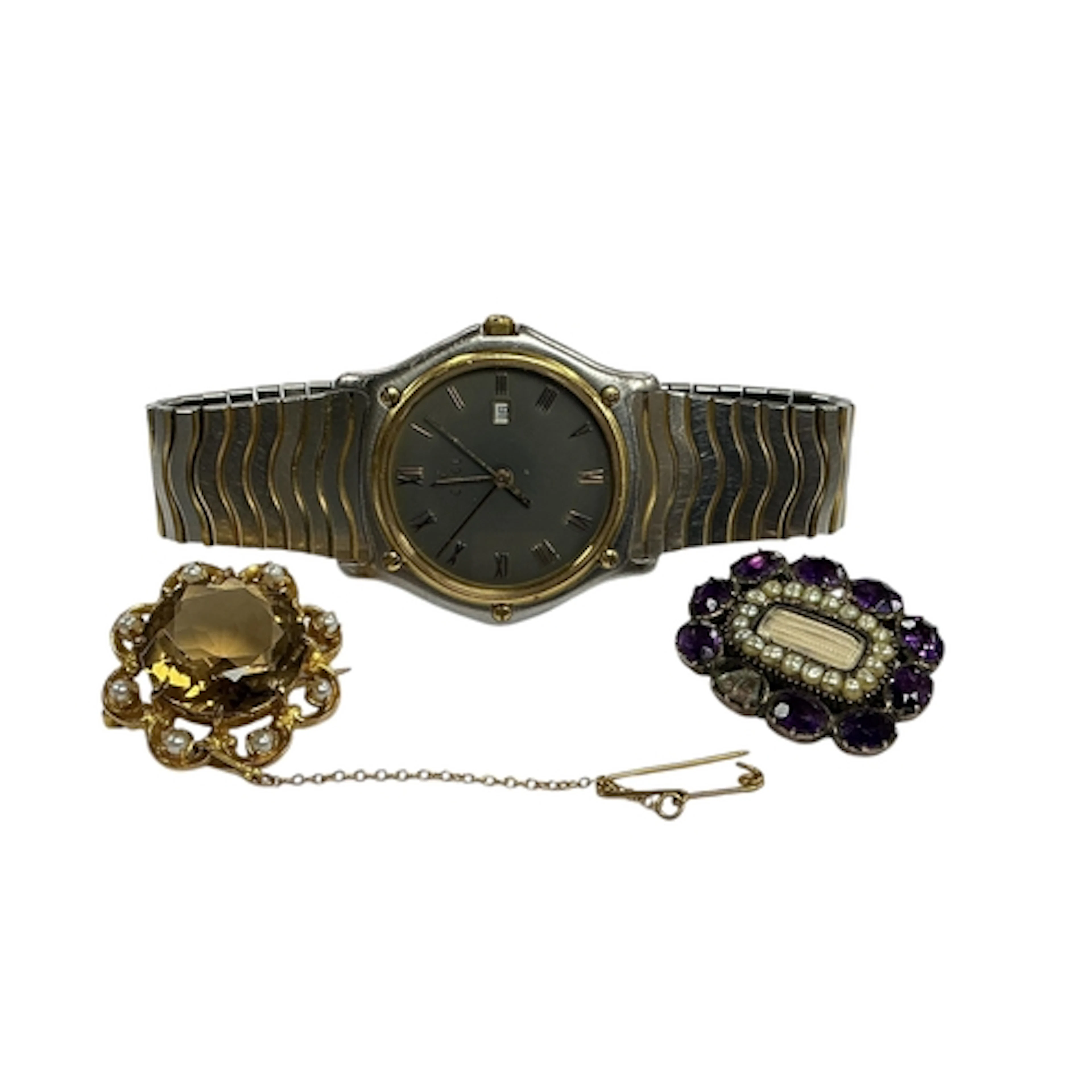 A 19th century yellow metal, amethyst and split pearl set mo...