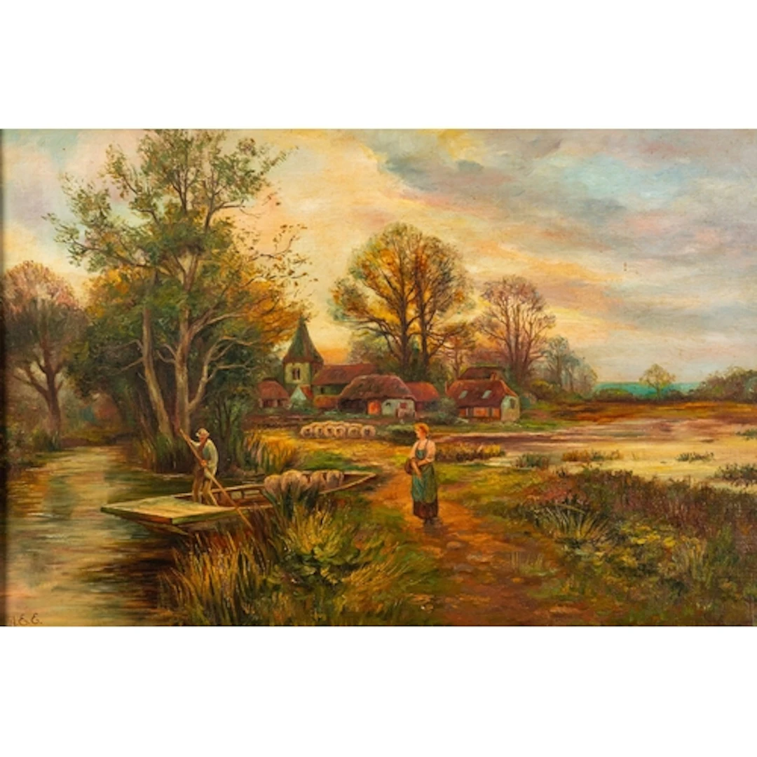 A E E (19th Century) - Ferry crossing with sheep - Oil on ...