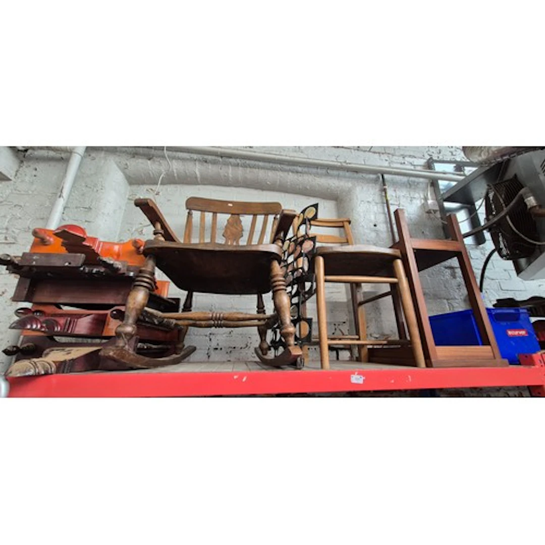 4 clocks, a rocking chair, ladderback chair, occasional tabl...