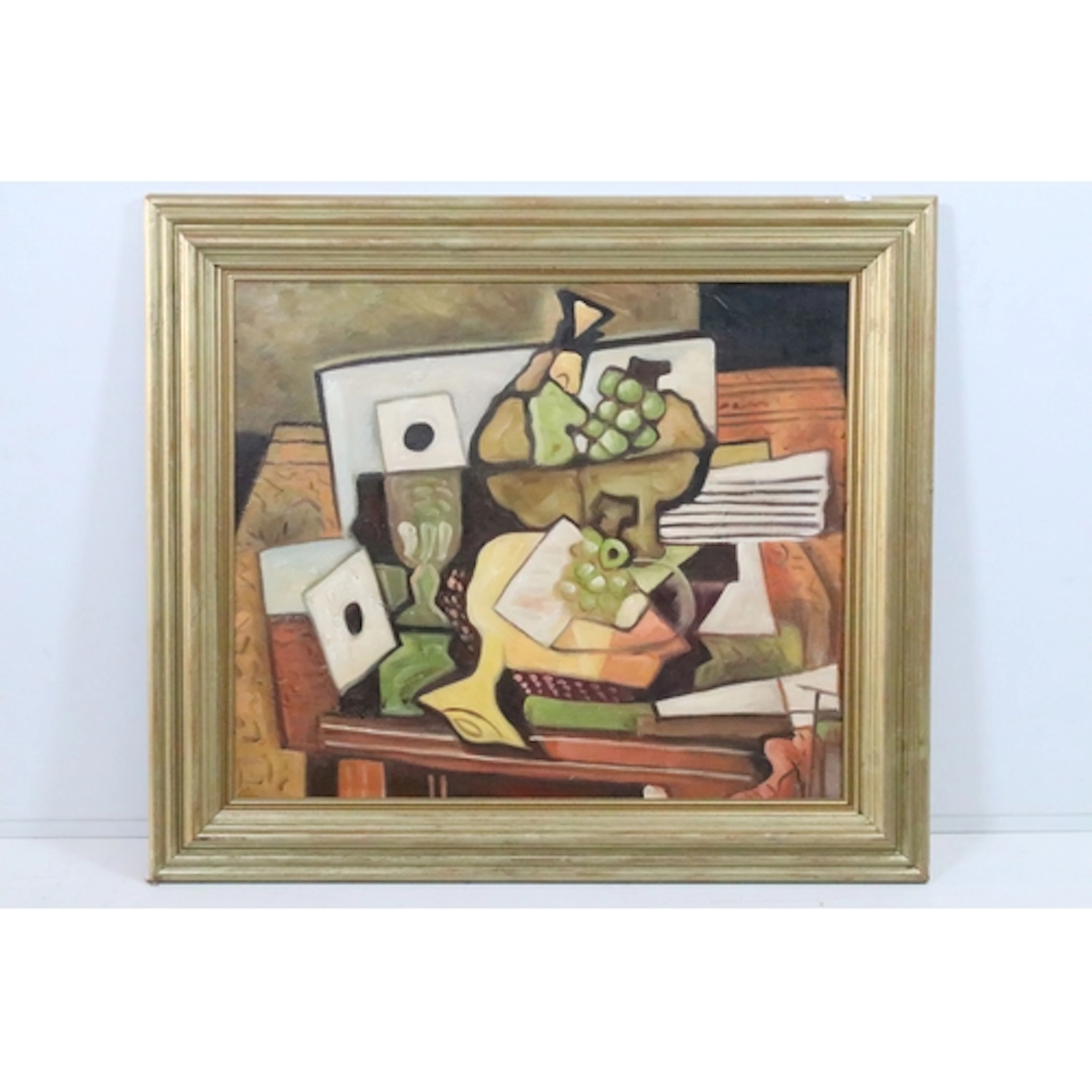 Cubist still life study of fruit, bowl and goblet on a table...