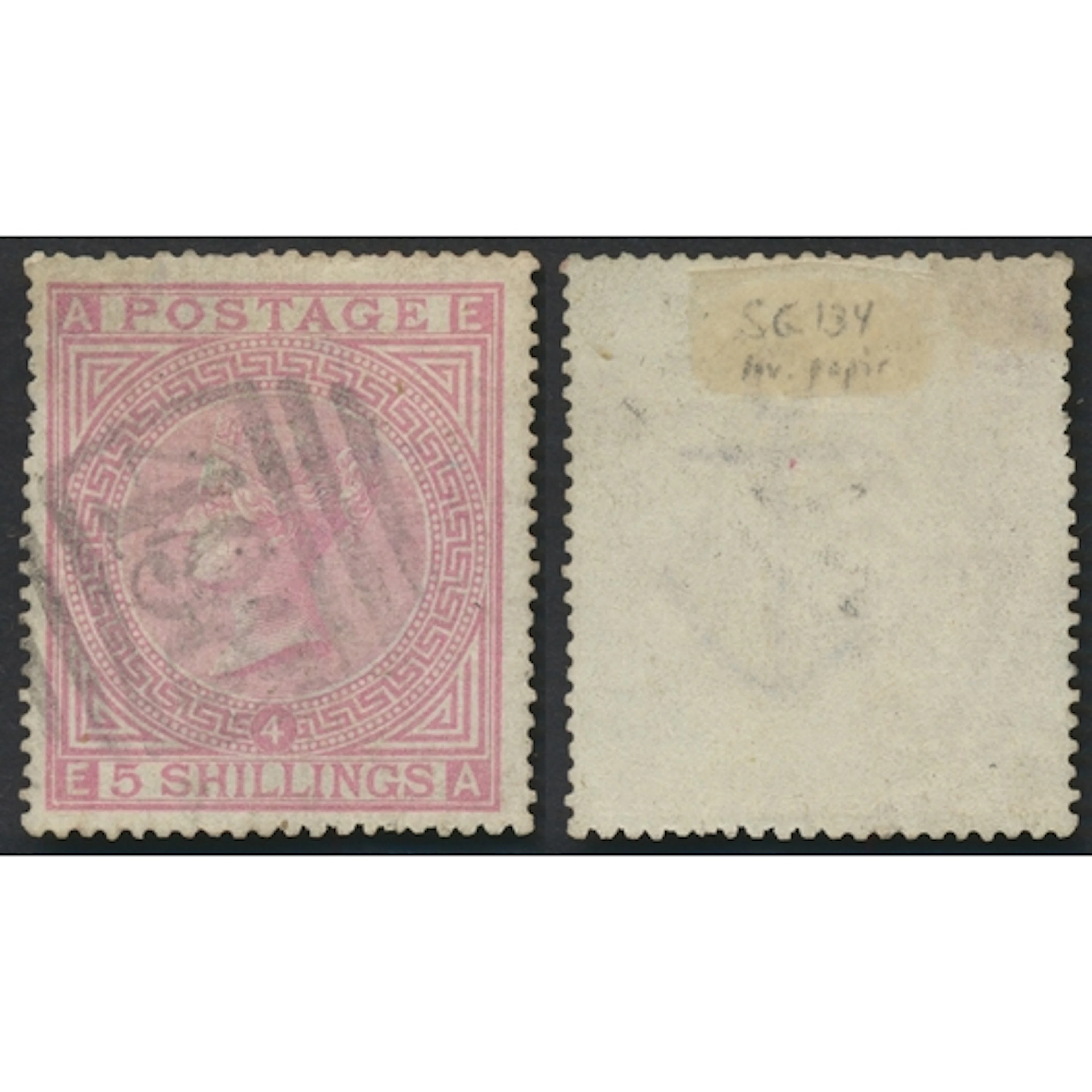 1867-83 5/- rose, pl. 4, wmk large anchor, on white paper, u...