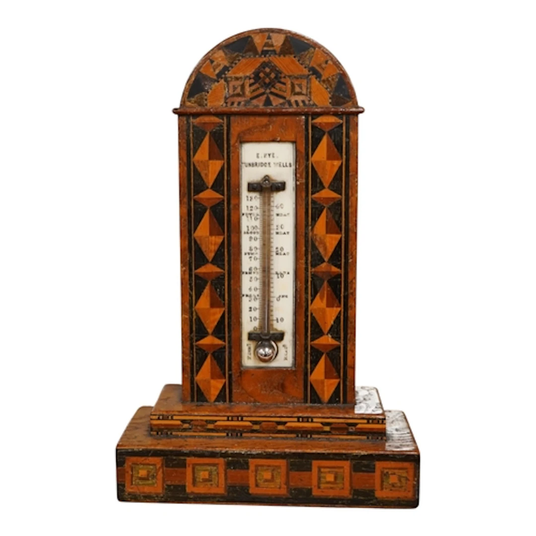 E. Nye, a Tunbridge ware desk thermometer with ivory scale, ...