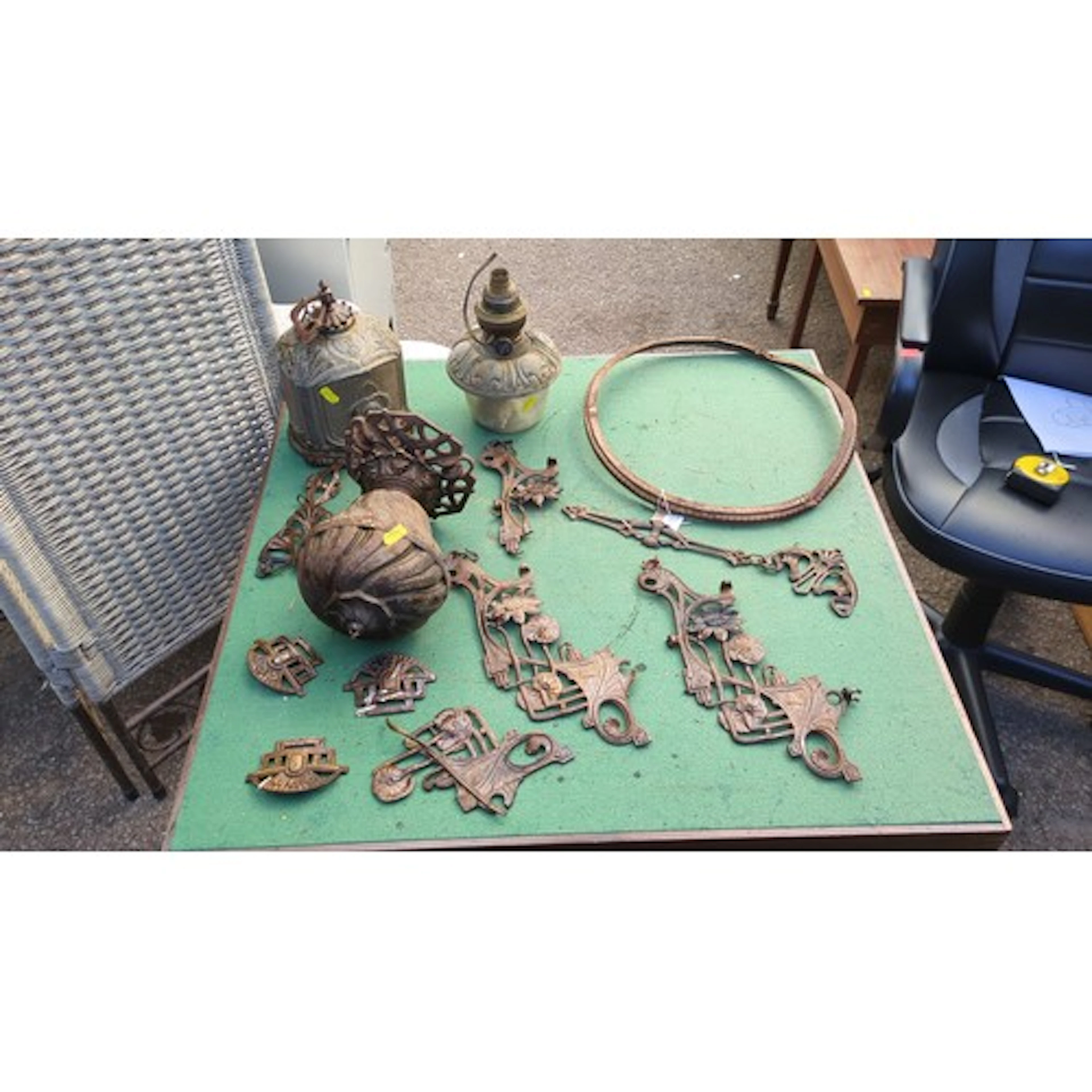 A quantity of Art Nouveau brass and glass lighting component...