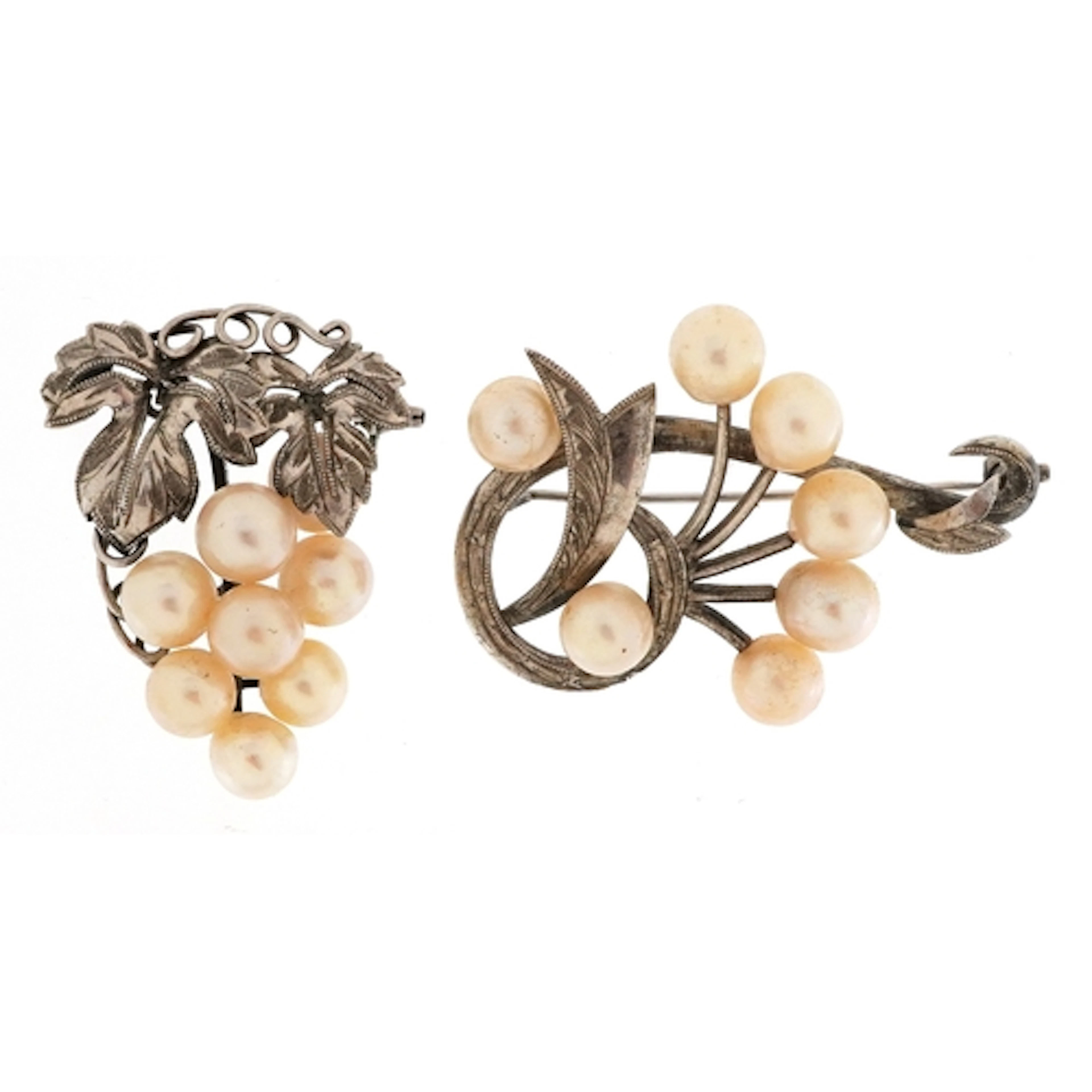 Two silver cultured pearl brooches, one in the form of a gra...