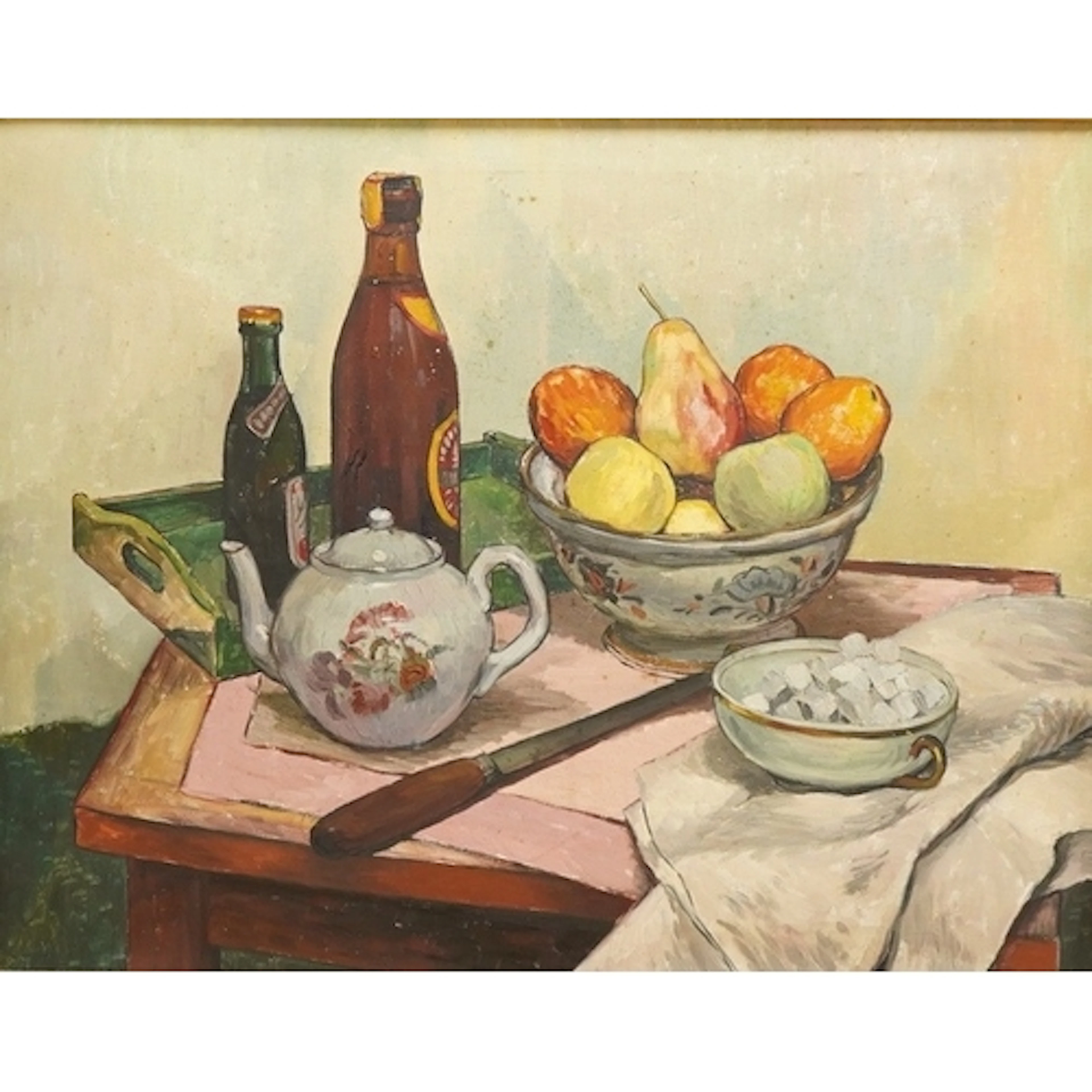 Manner of Paul Cézanne, still life fruit and vessels on a ta...