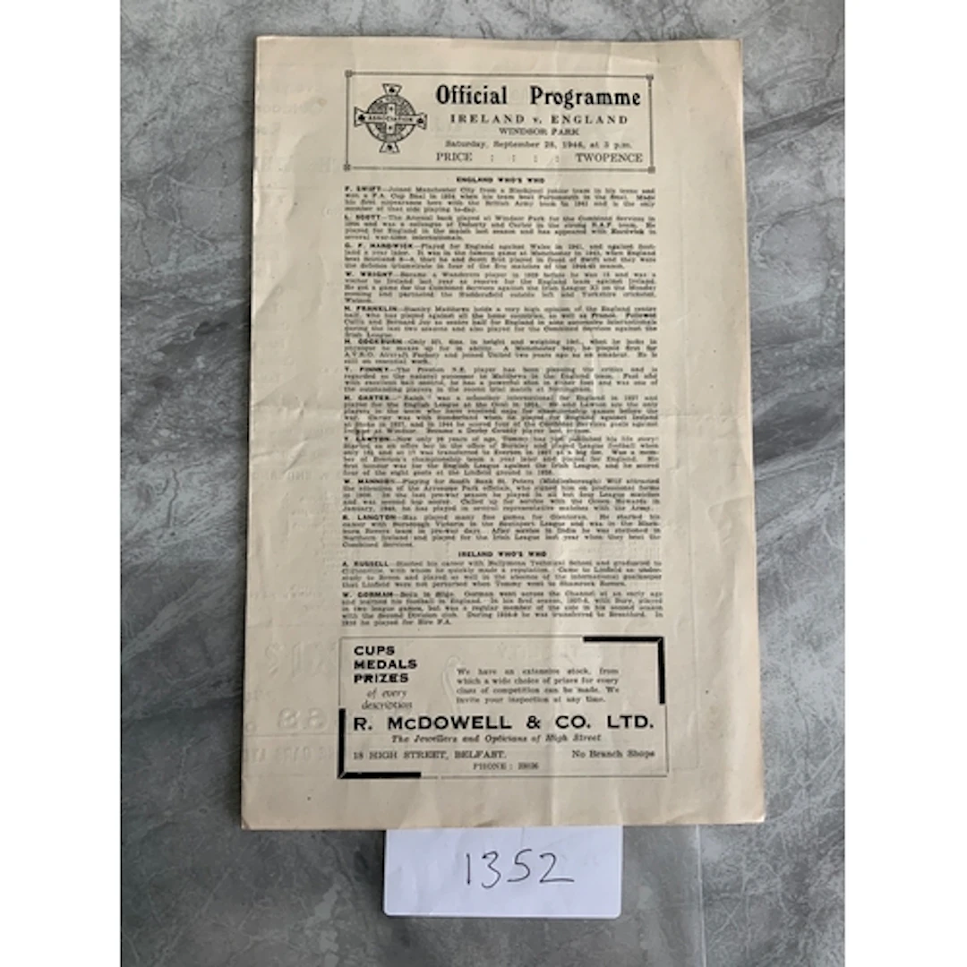 1946 Northern Ireland v England Football Programme: Played a...