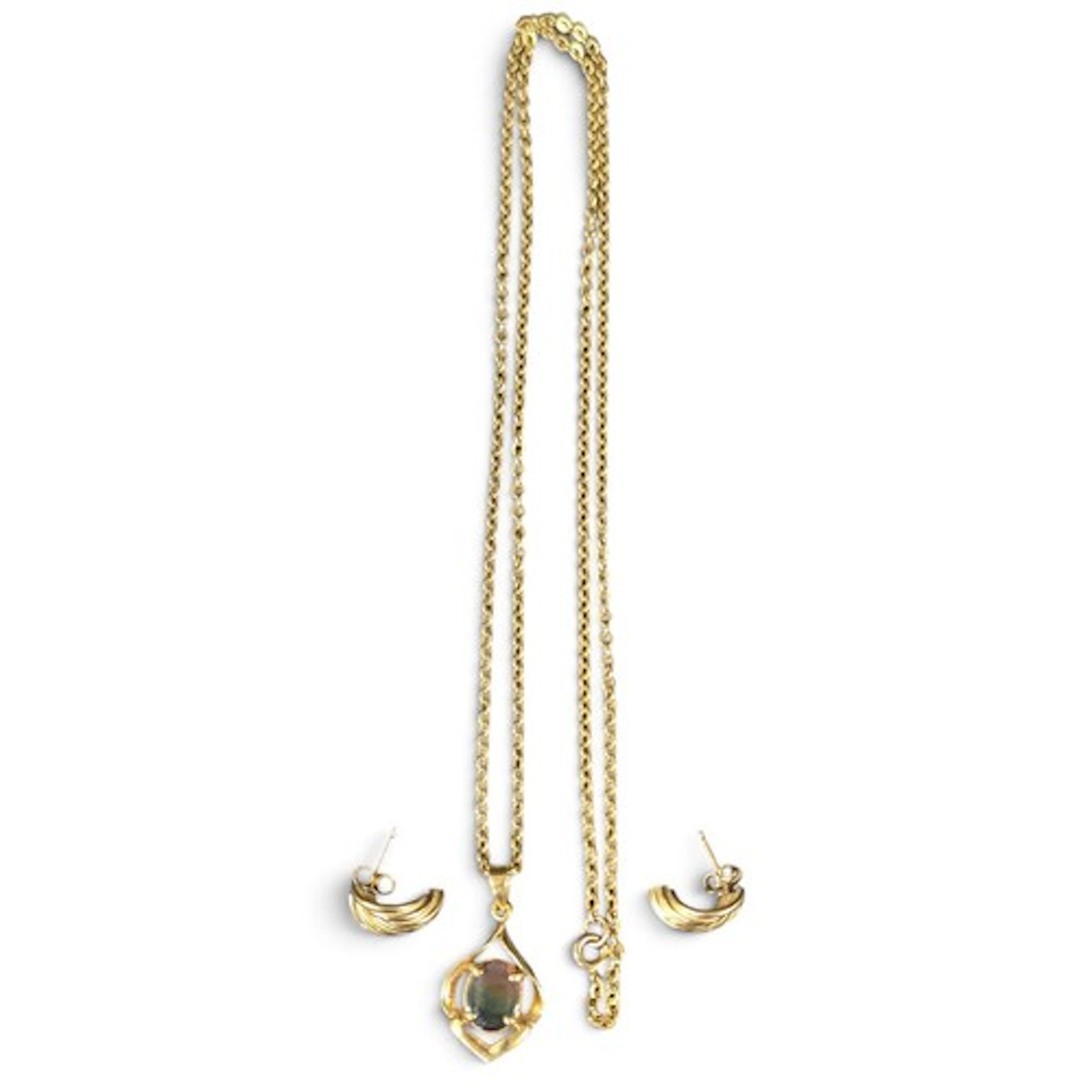 A 9ct gold pendant necklace and ear-rings suite, the yellow ...