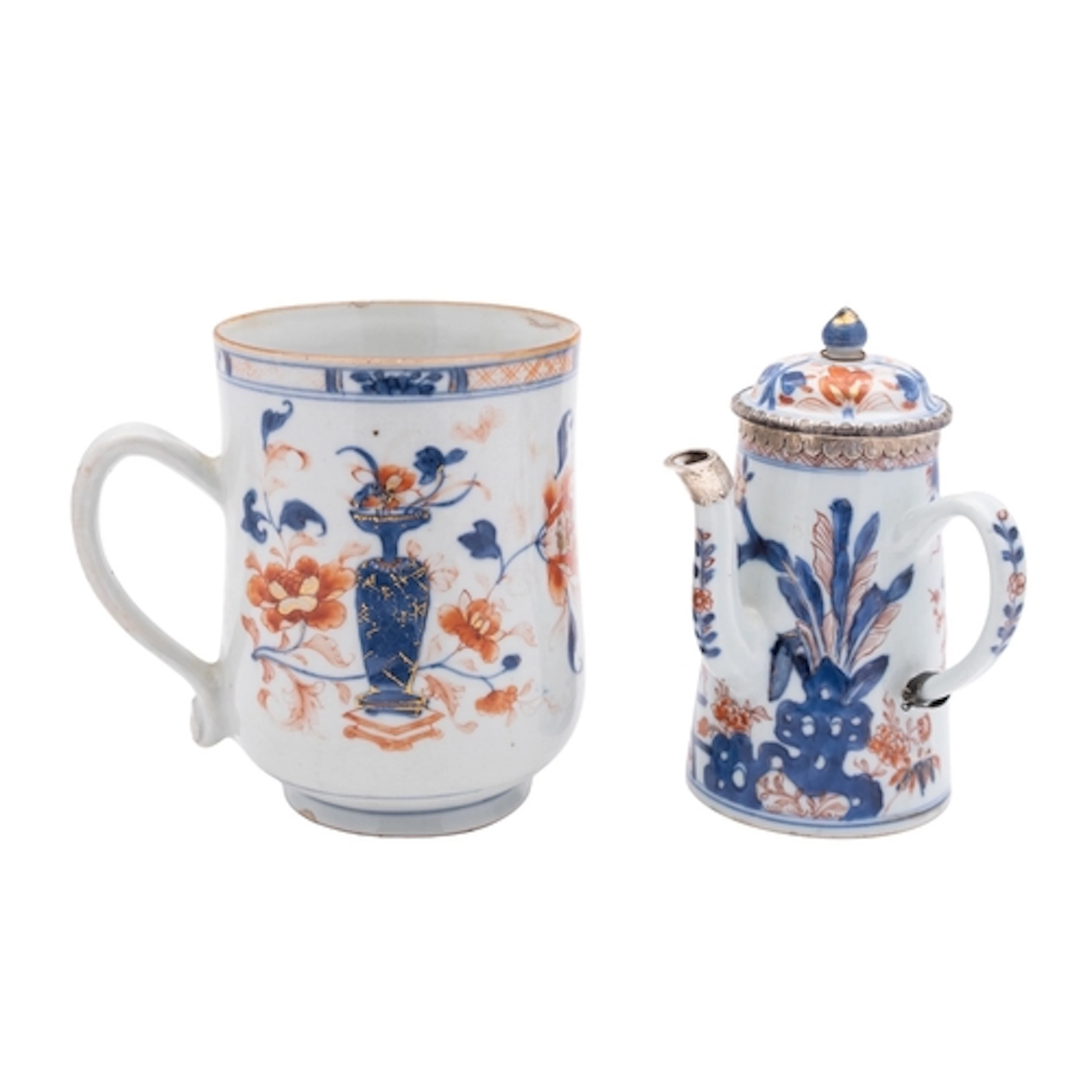 A Chinese Imari coffee pot and cover with silver mounts and ...