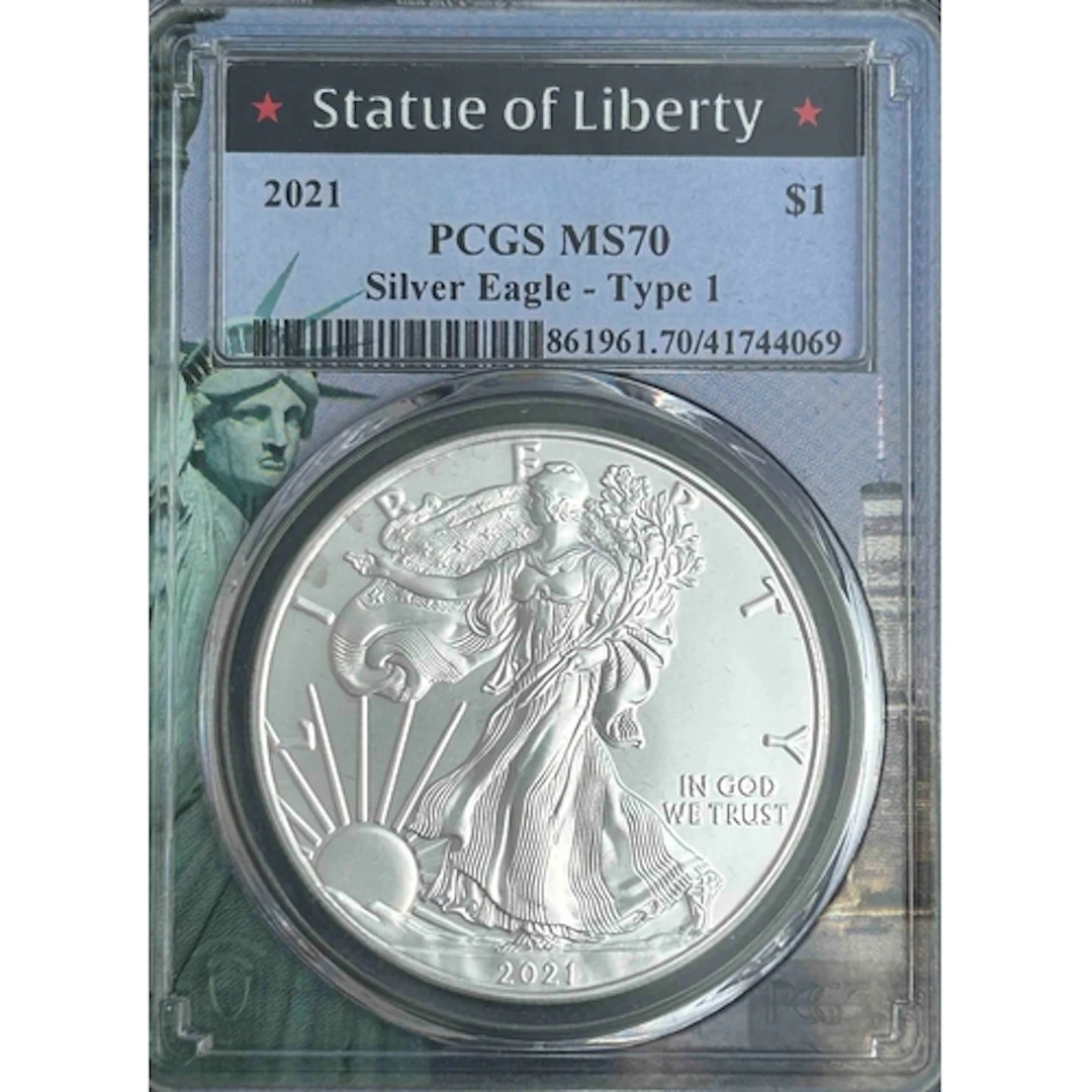2021 USA $1 silver Eagle (Type 1) coin, slabbed and graded b...