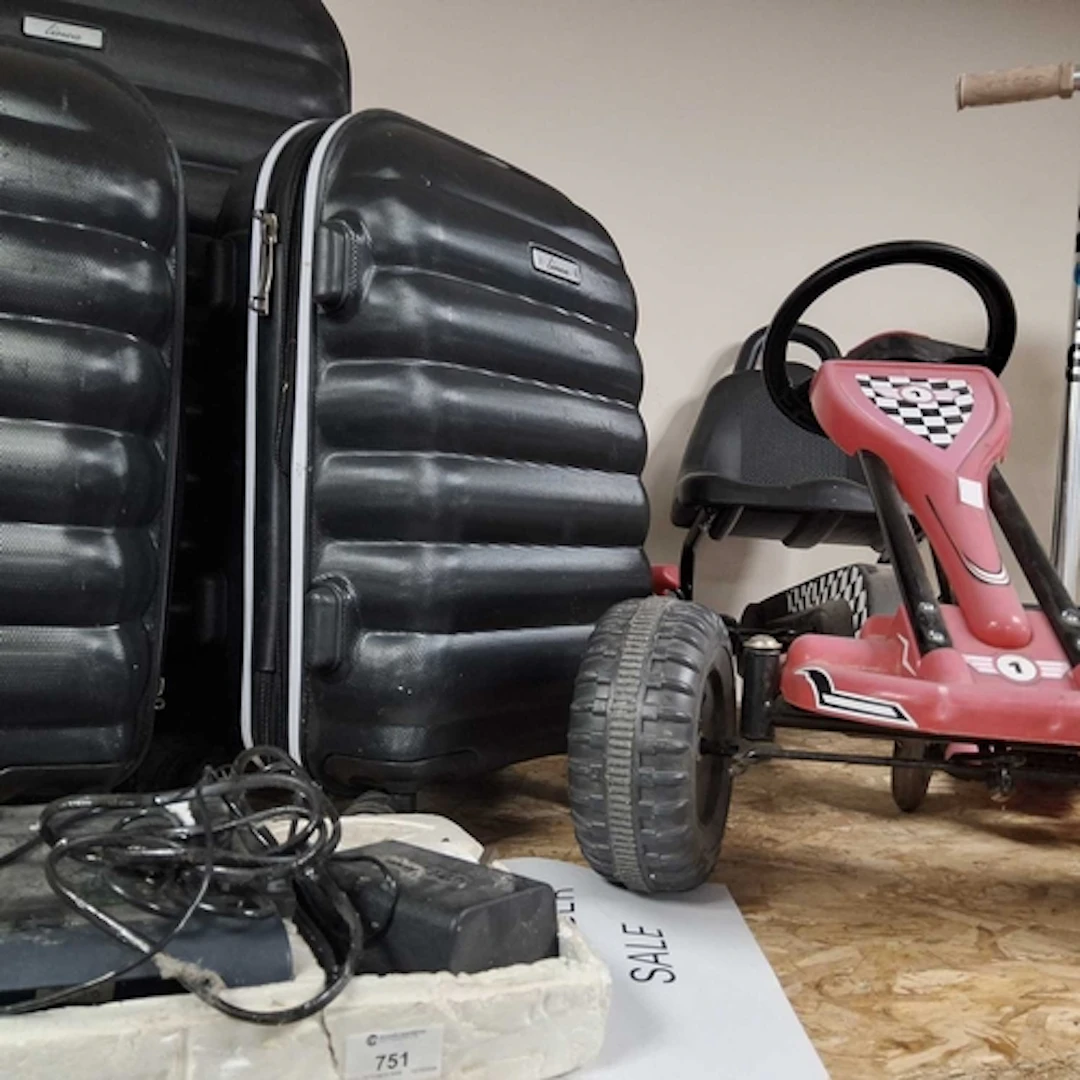 SET OF FOUR SUITCASES, PUSH GO KART, ETC to include a set of...