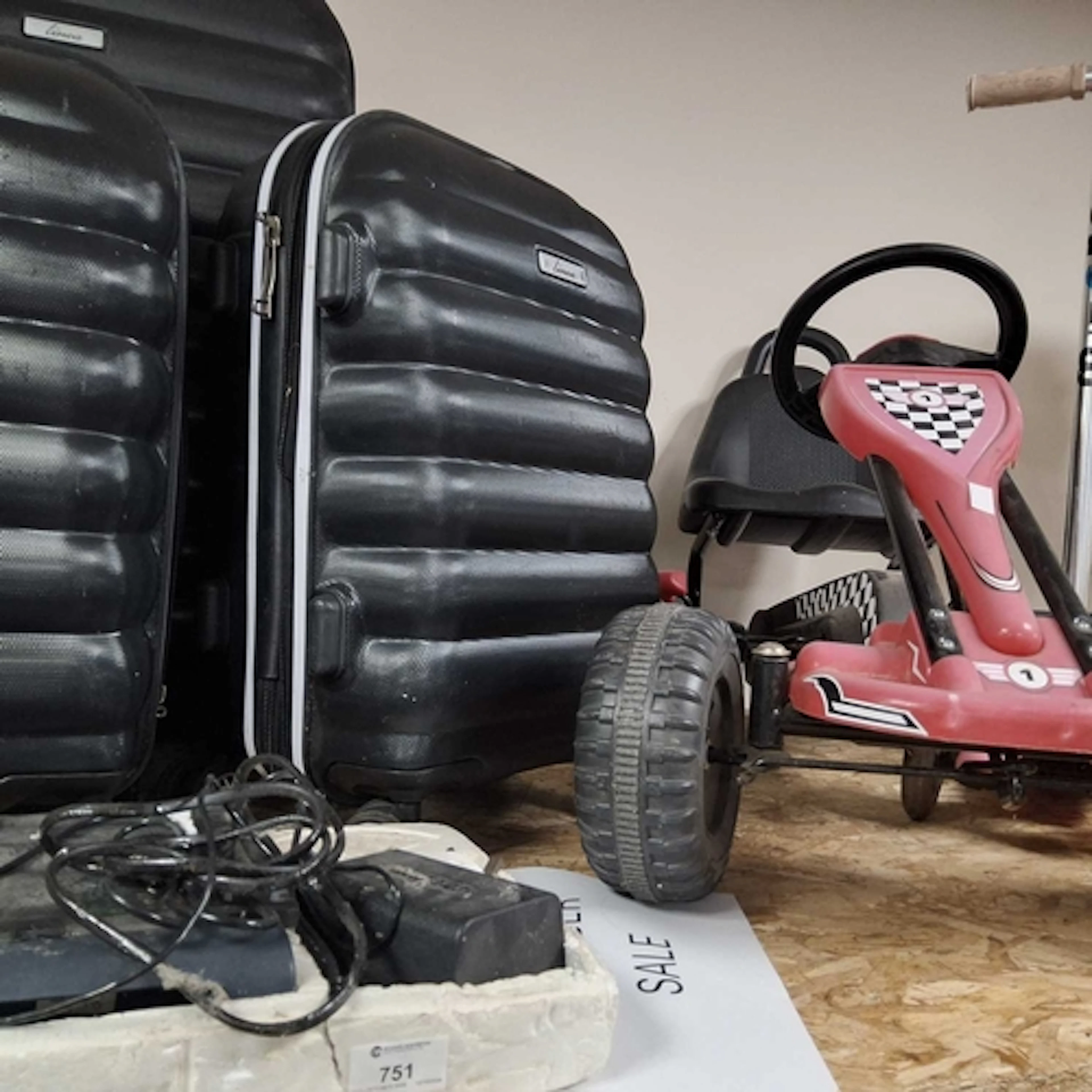 SET OF FOUR SUITCASES, PUSH GO KART, ETC to include a set of...