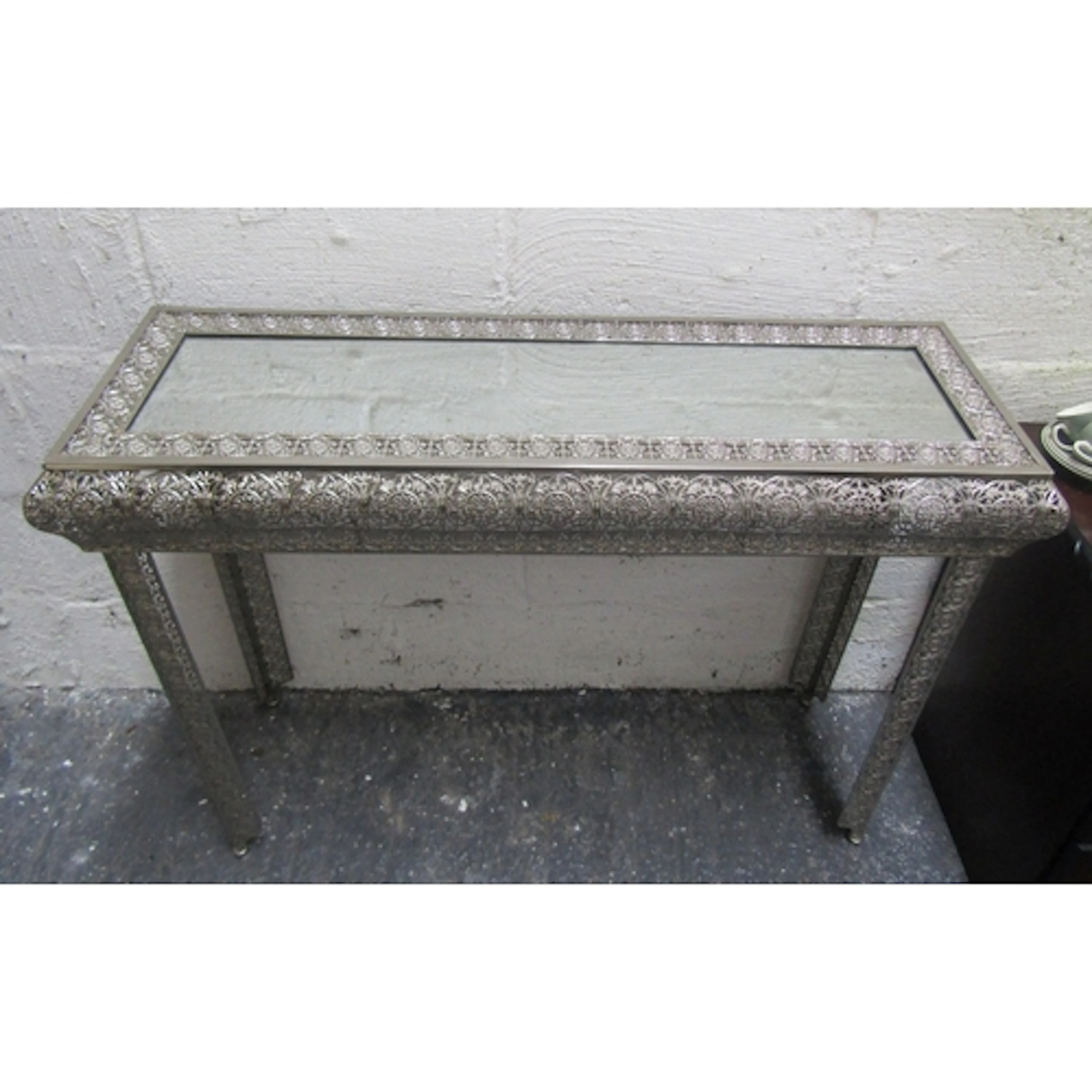 Silver Metal Rectangular Form Console Table with Mirrored In...