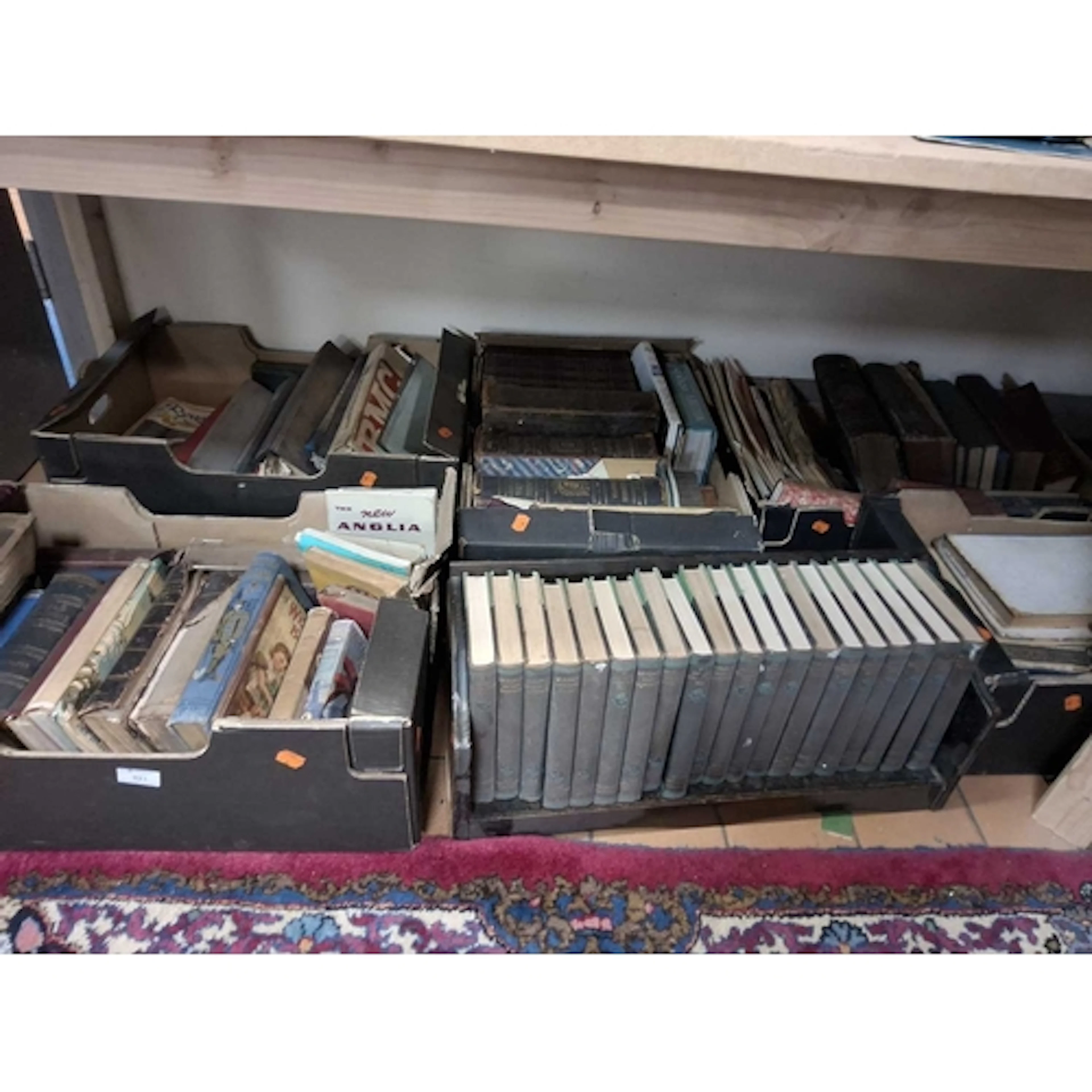 FIVE BOXES AND LOOSE BOOKS AND A BOOK SHELF, to include twen...