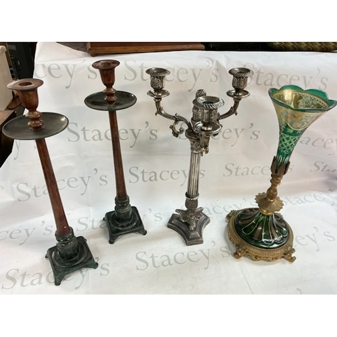 A pair of metal candlesticks, Silver plated candelabra green...