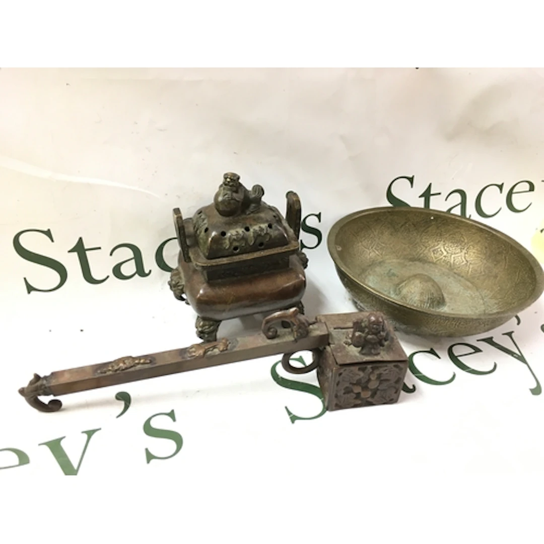 Chinese bronze bowl, incense burner, long-handled ink-and-br...