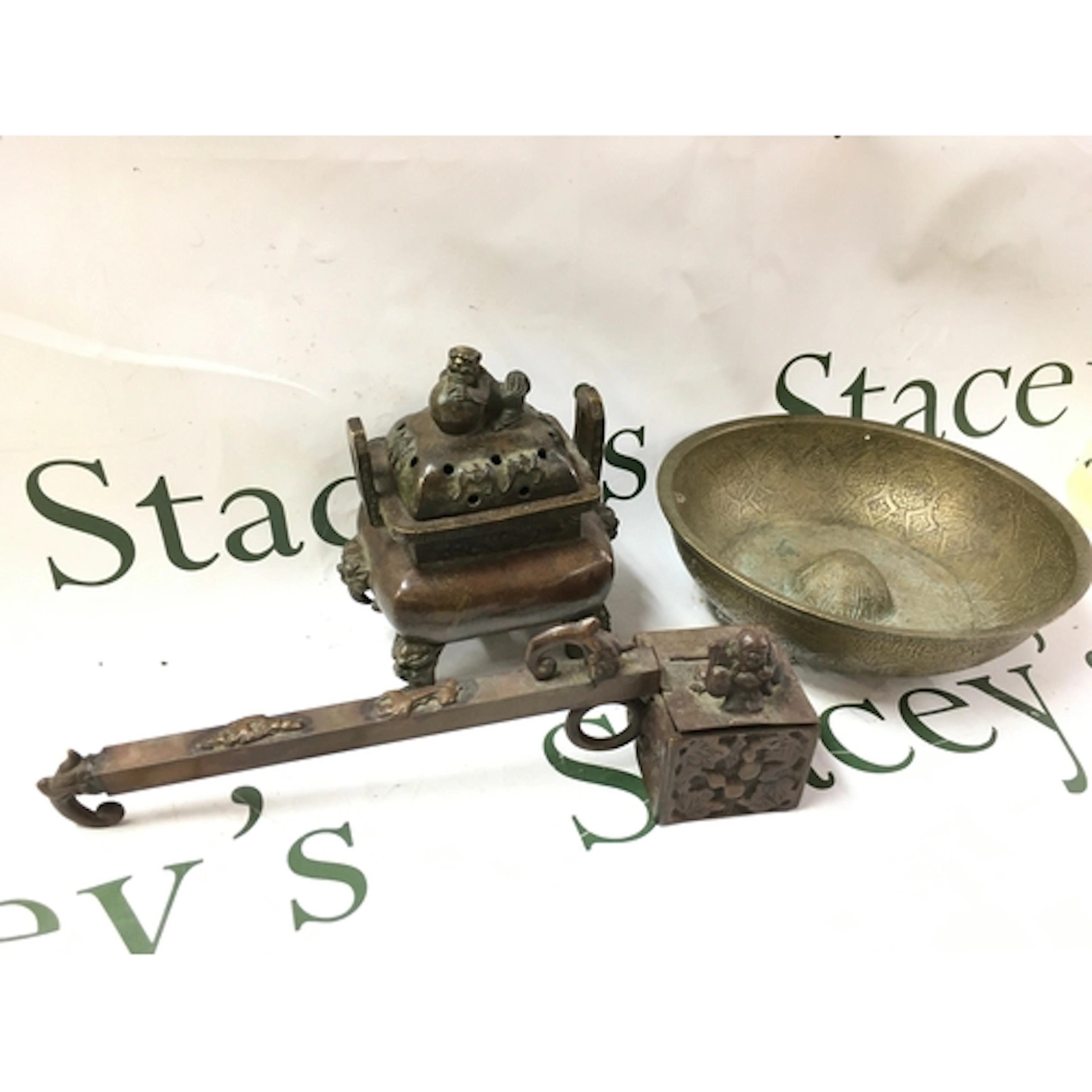 Chinese bronze bowl, incense burner, long-handled ink-and-br...