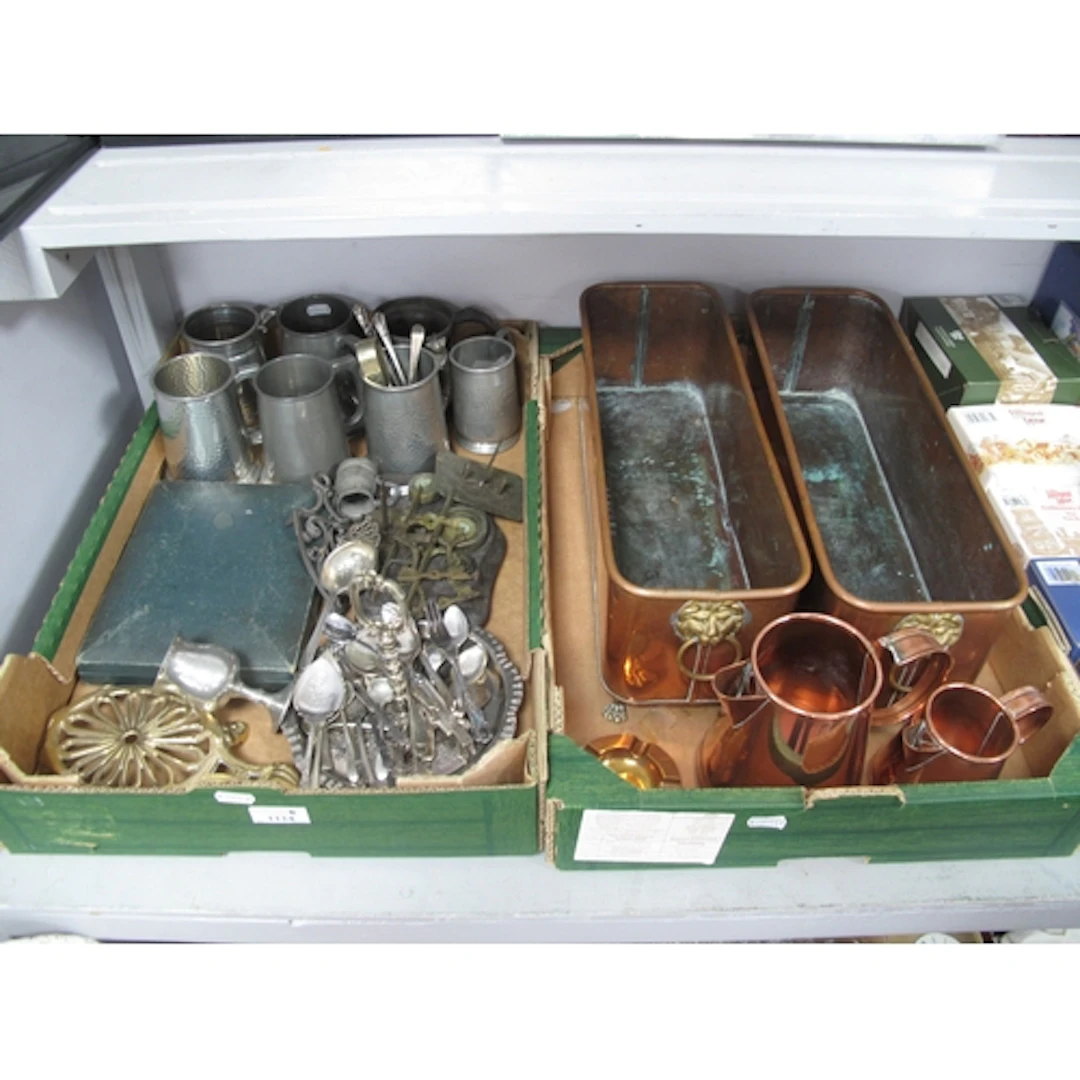 Metalware, including two large rectangular copper planters w...