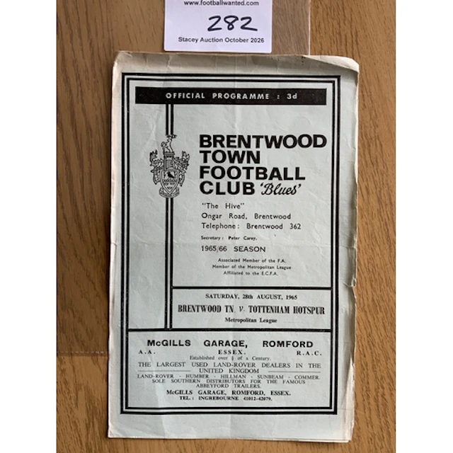 65/66 Brentwood v Tottenham Football Programme: Fair conditi...