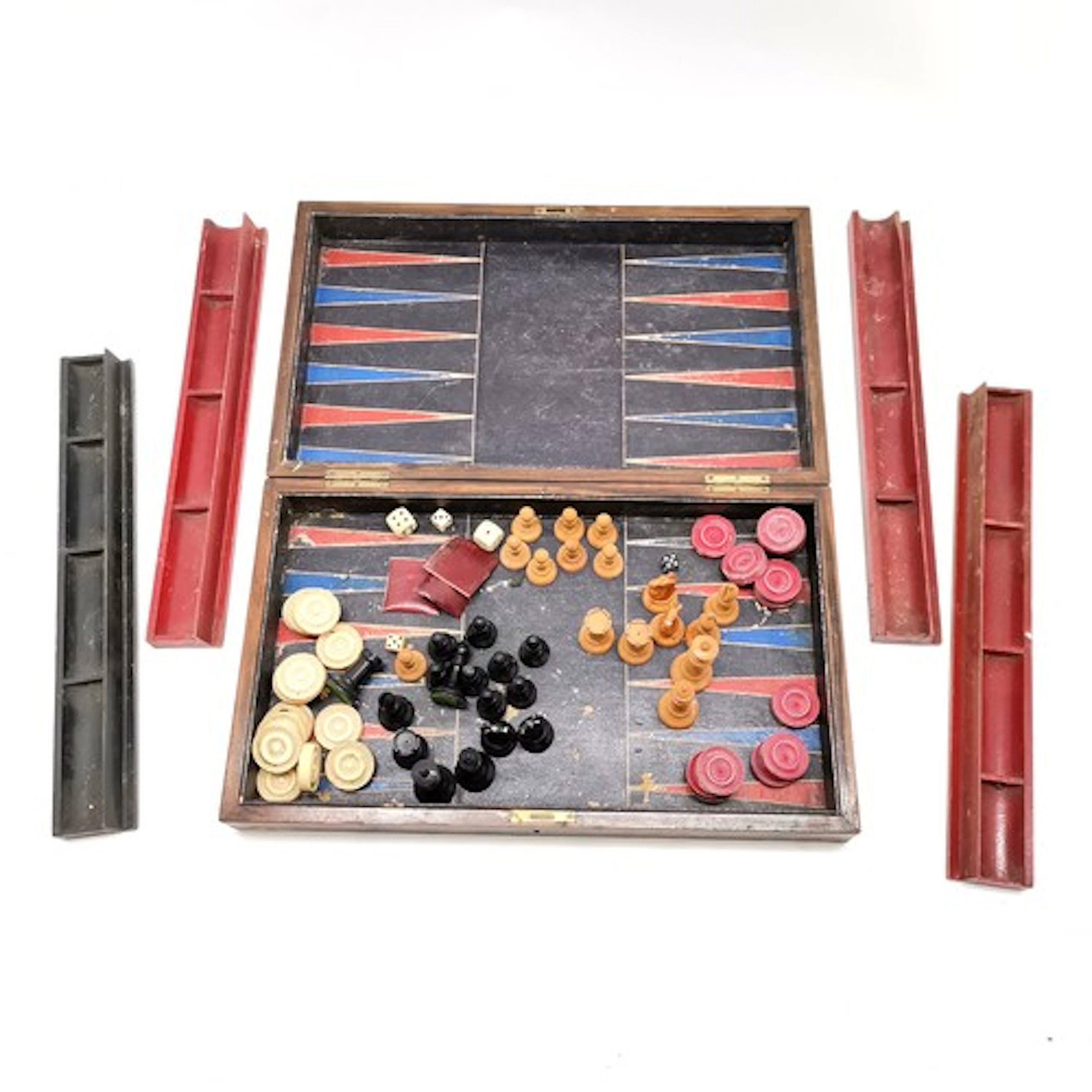 Antique walnut and leather covered backgammon box T/W a part...