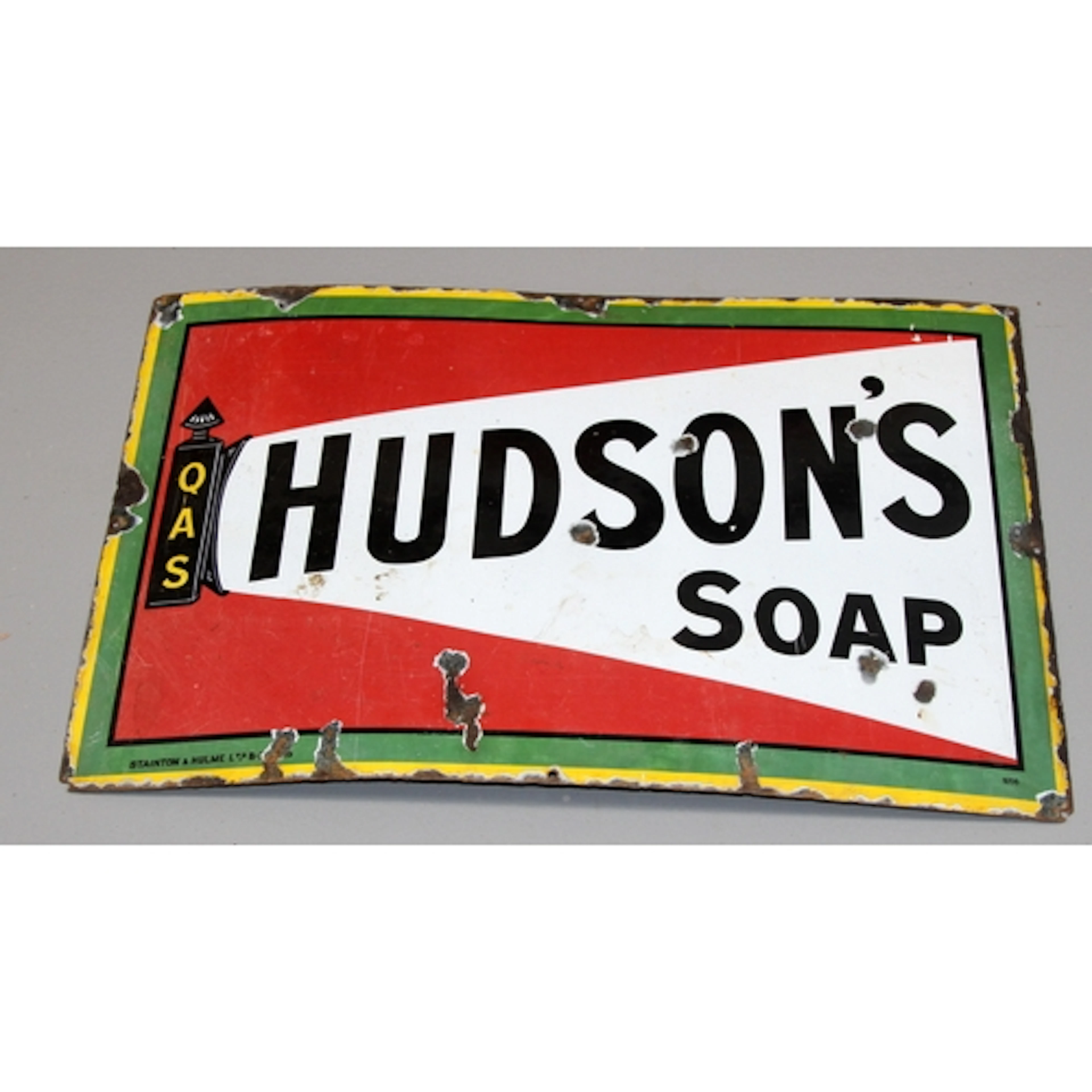 Vintage enamel sign: Hudson's Soap. Single sided, 84cms x 53...
