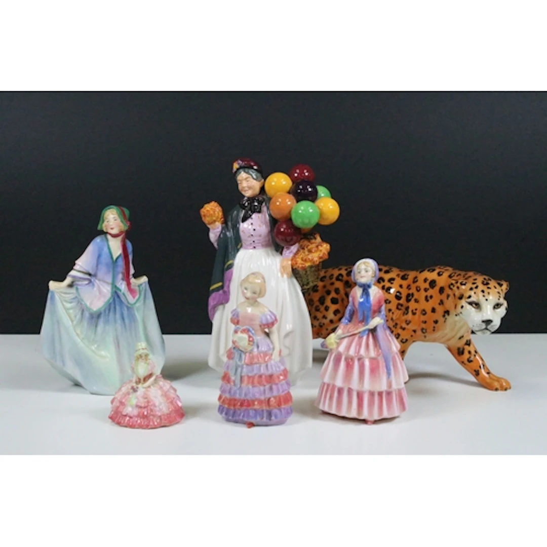 Five Royal Doulton figurines to include 'Biddy Pennyfarthing...