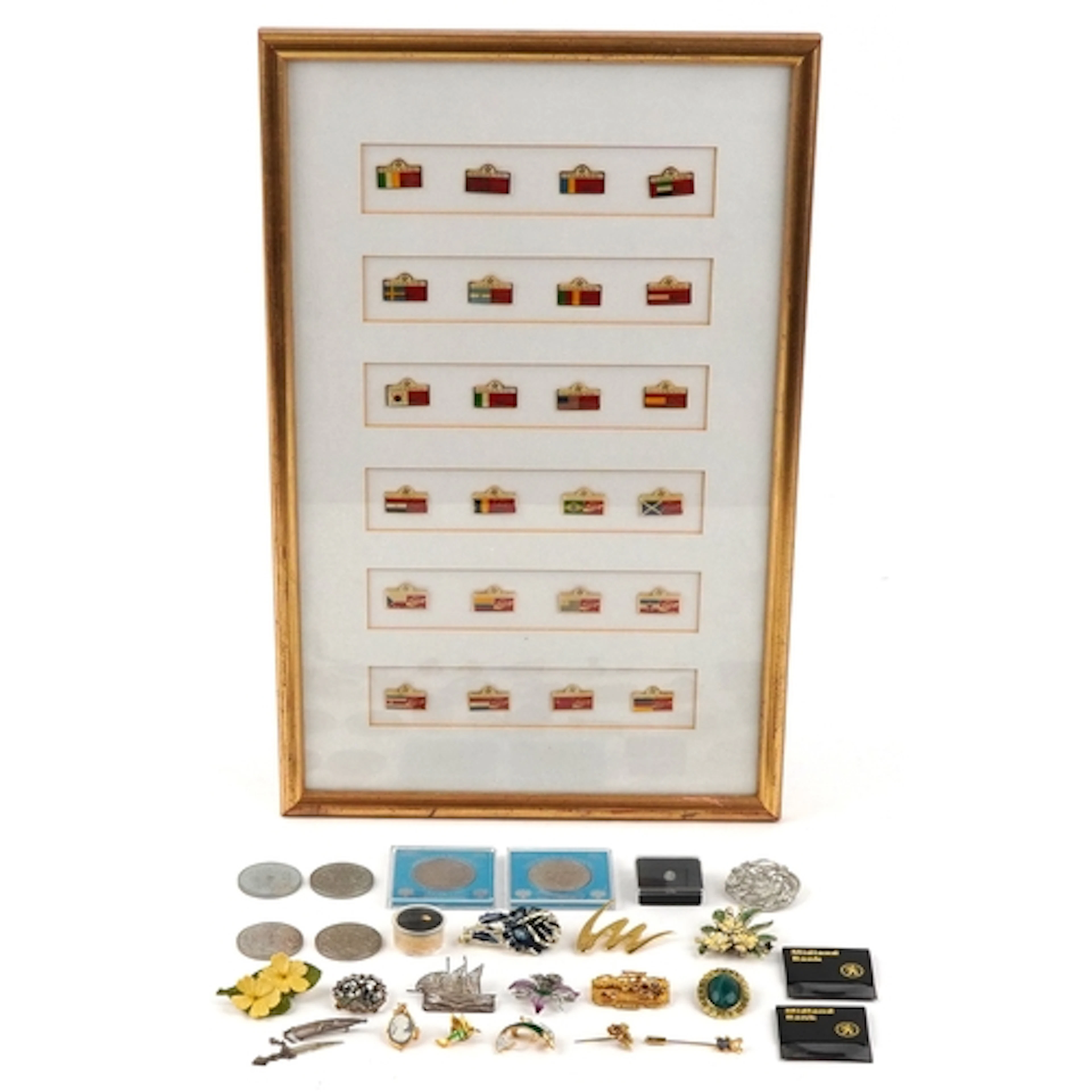Sundry items comprising framed set of Coca Cola pin badges, ...