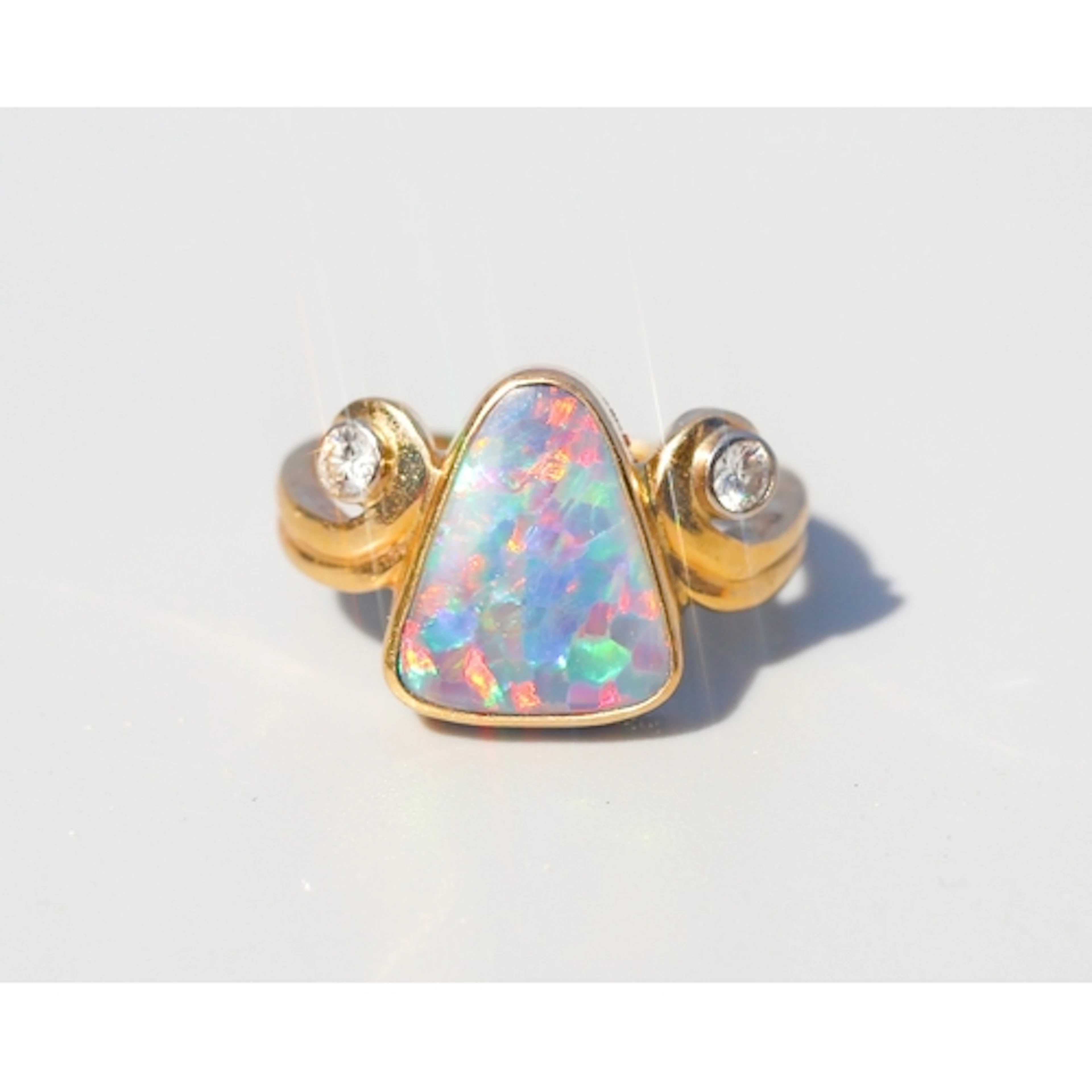Triangular Form Australian Opal Bezel Set Ring with Swirl Mo...