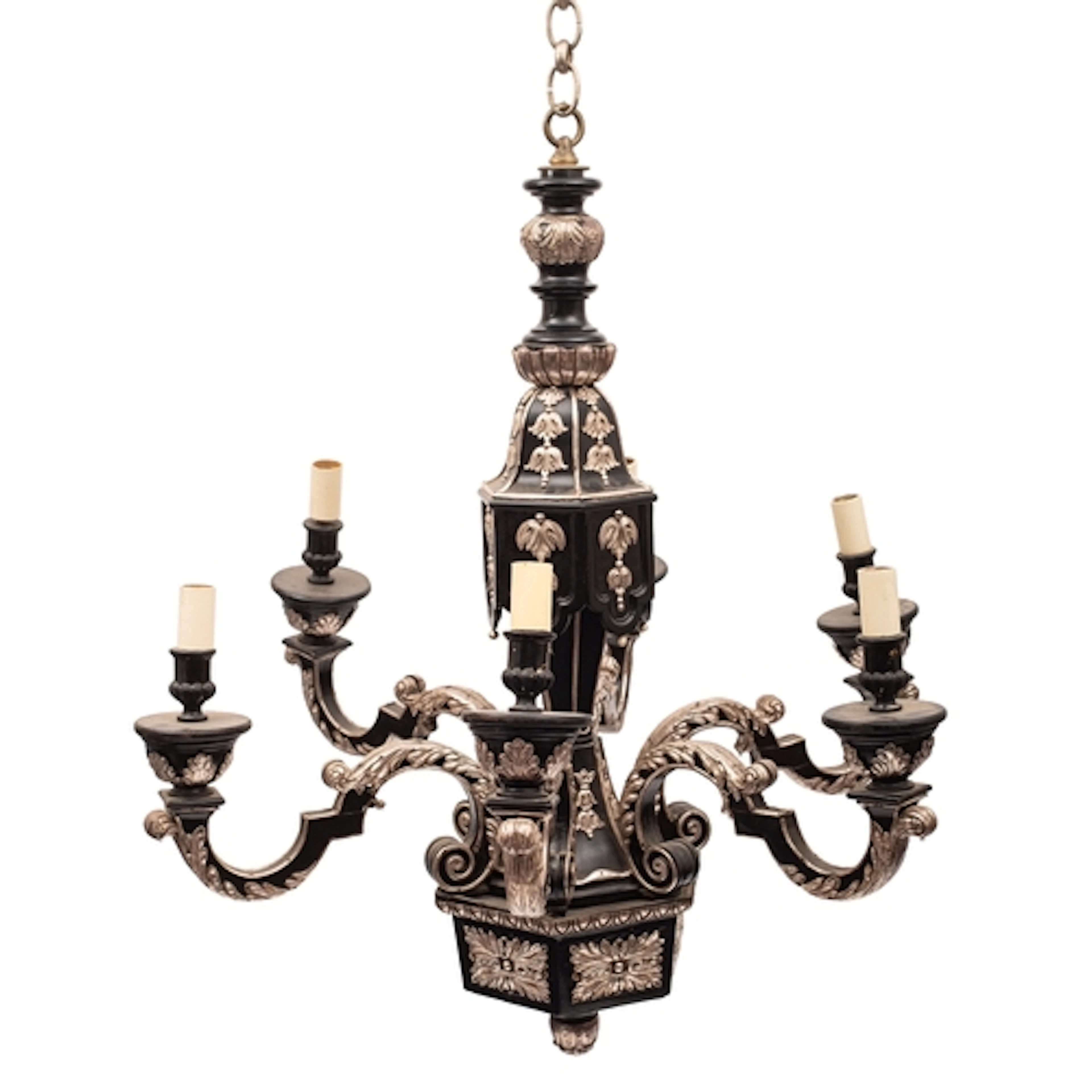 An ebonised wood and silvered metal mounted six light chande...