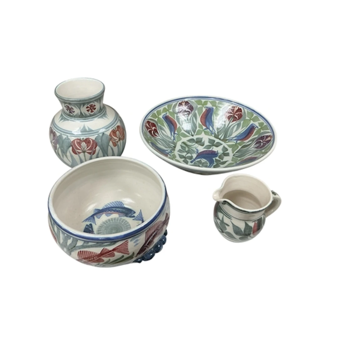 Lawrence McGowan, two studio pottery bowls, a vase and jug d...