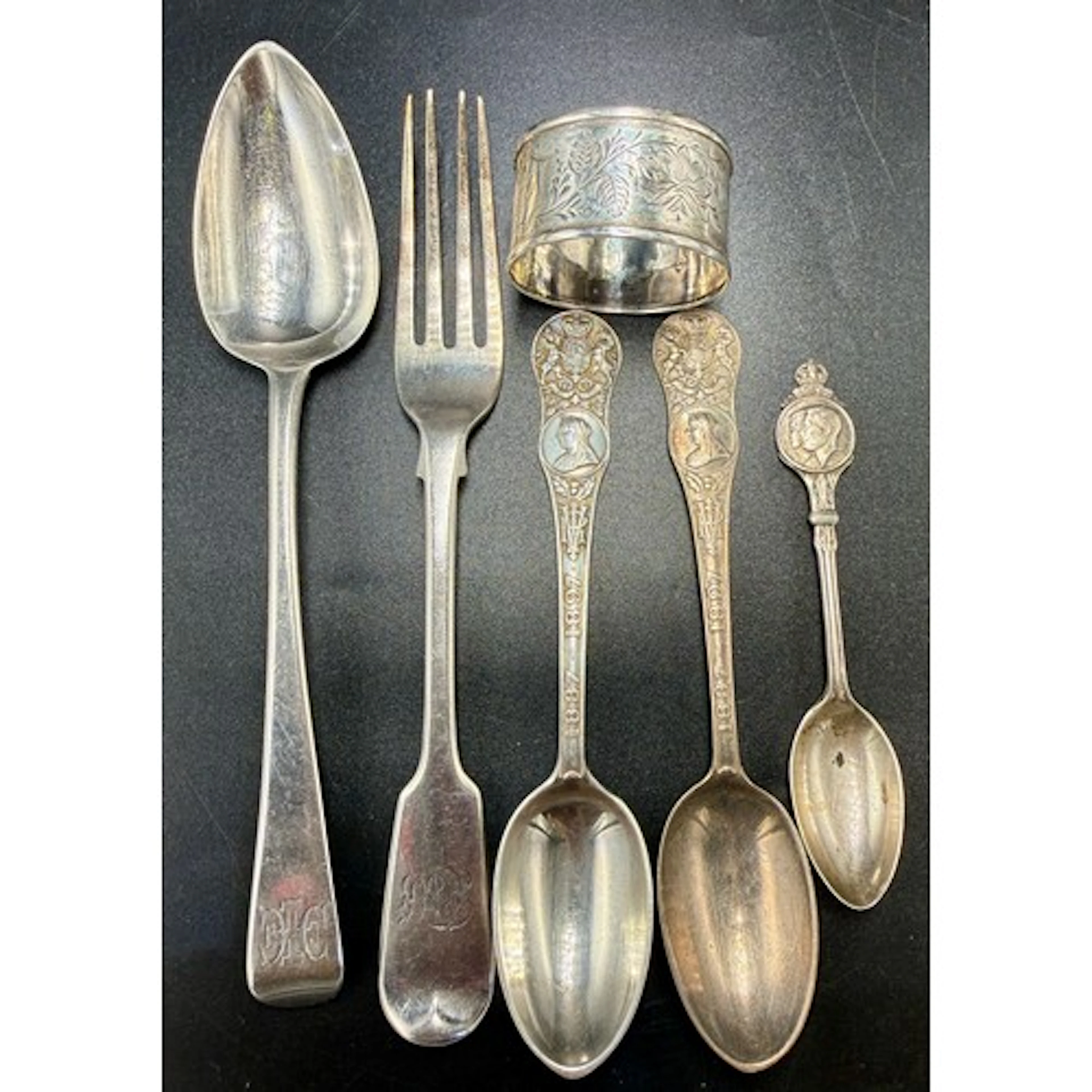 Hallmarked silver cutlery and a napkin ring to include Georg...