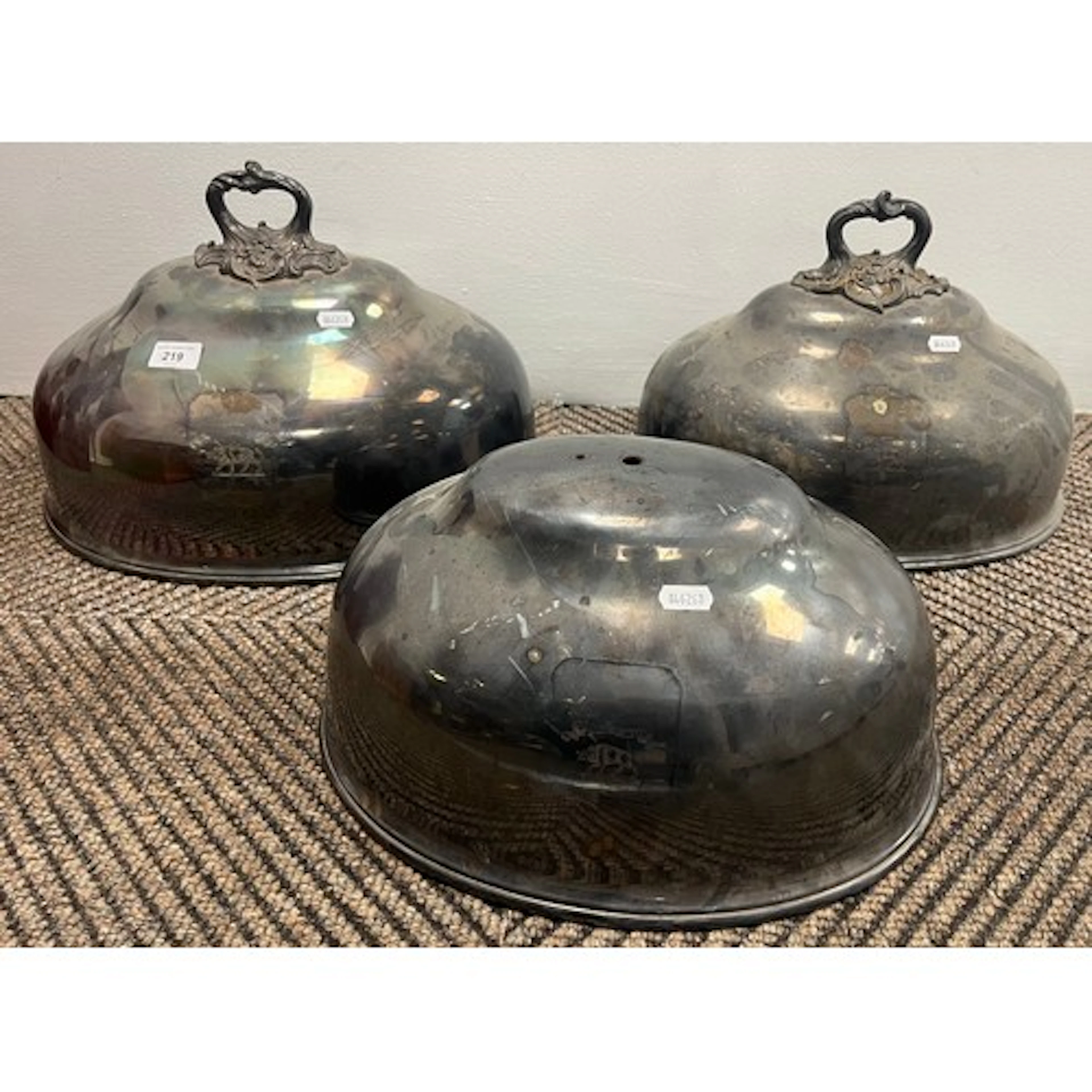 Set of three 19th century meat domes, one missing handle, wi...