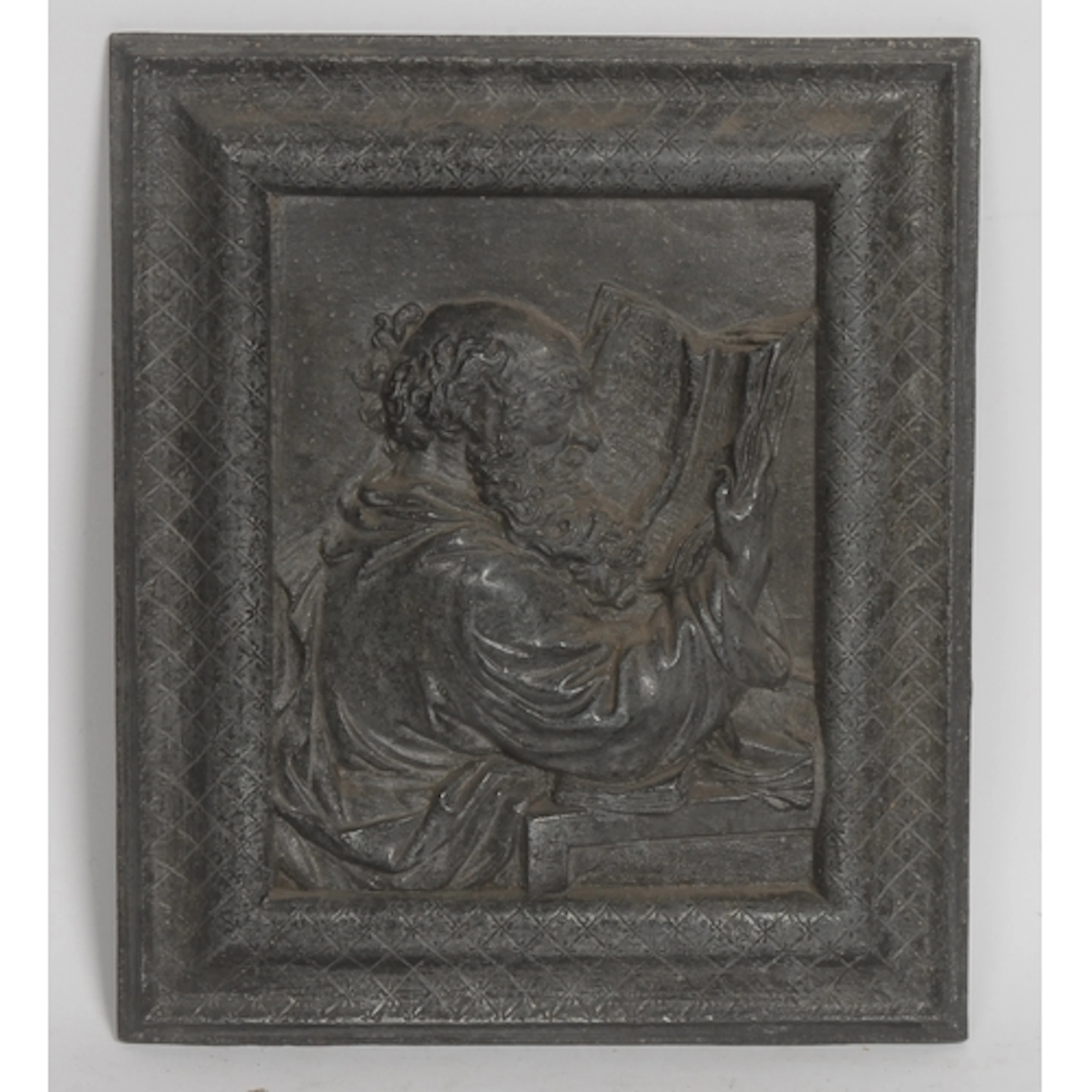 A 19th century spelter rectangular plaque, in bold relief wi...