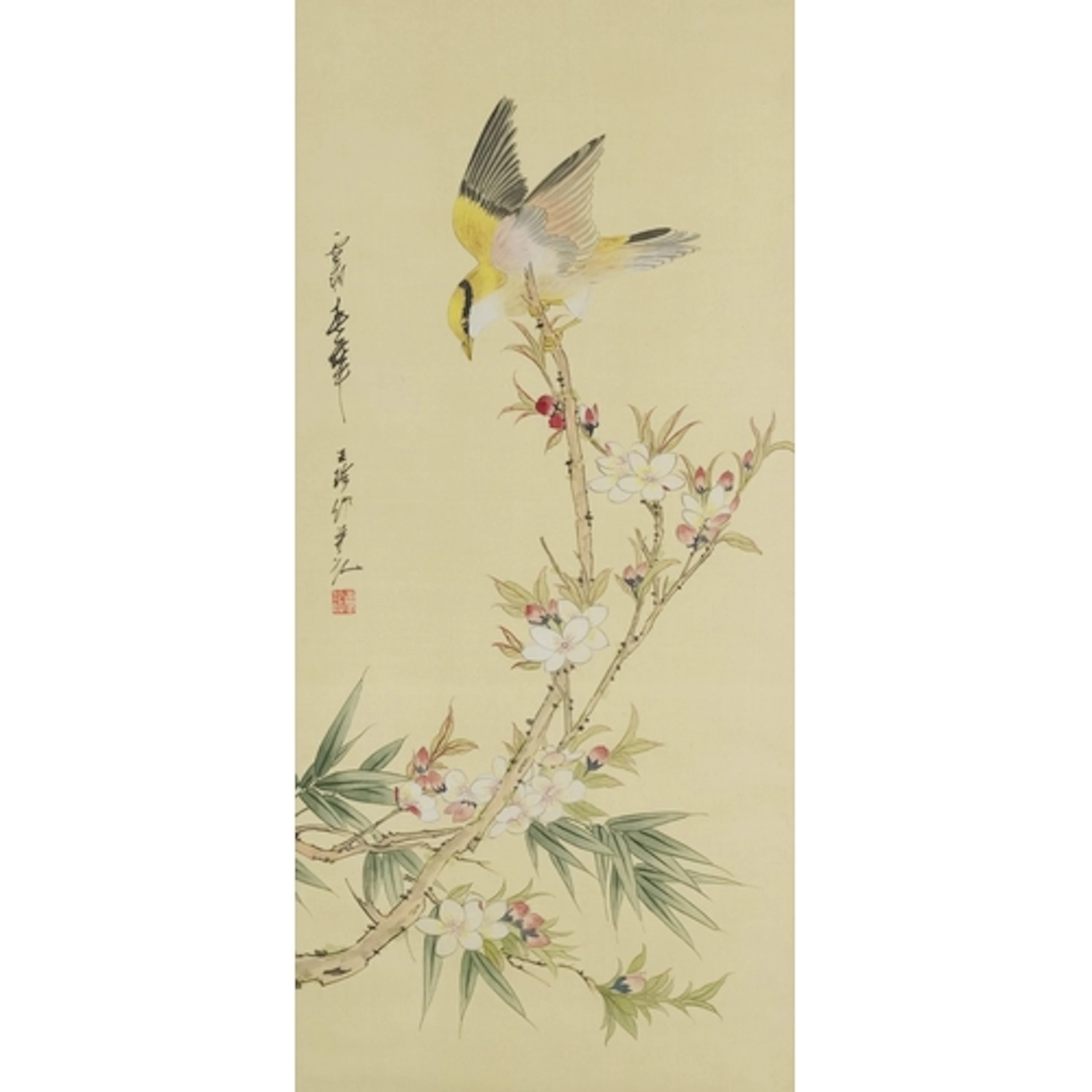 Chinese hand painted silk picture of a bird, mounted, framed...