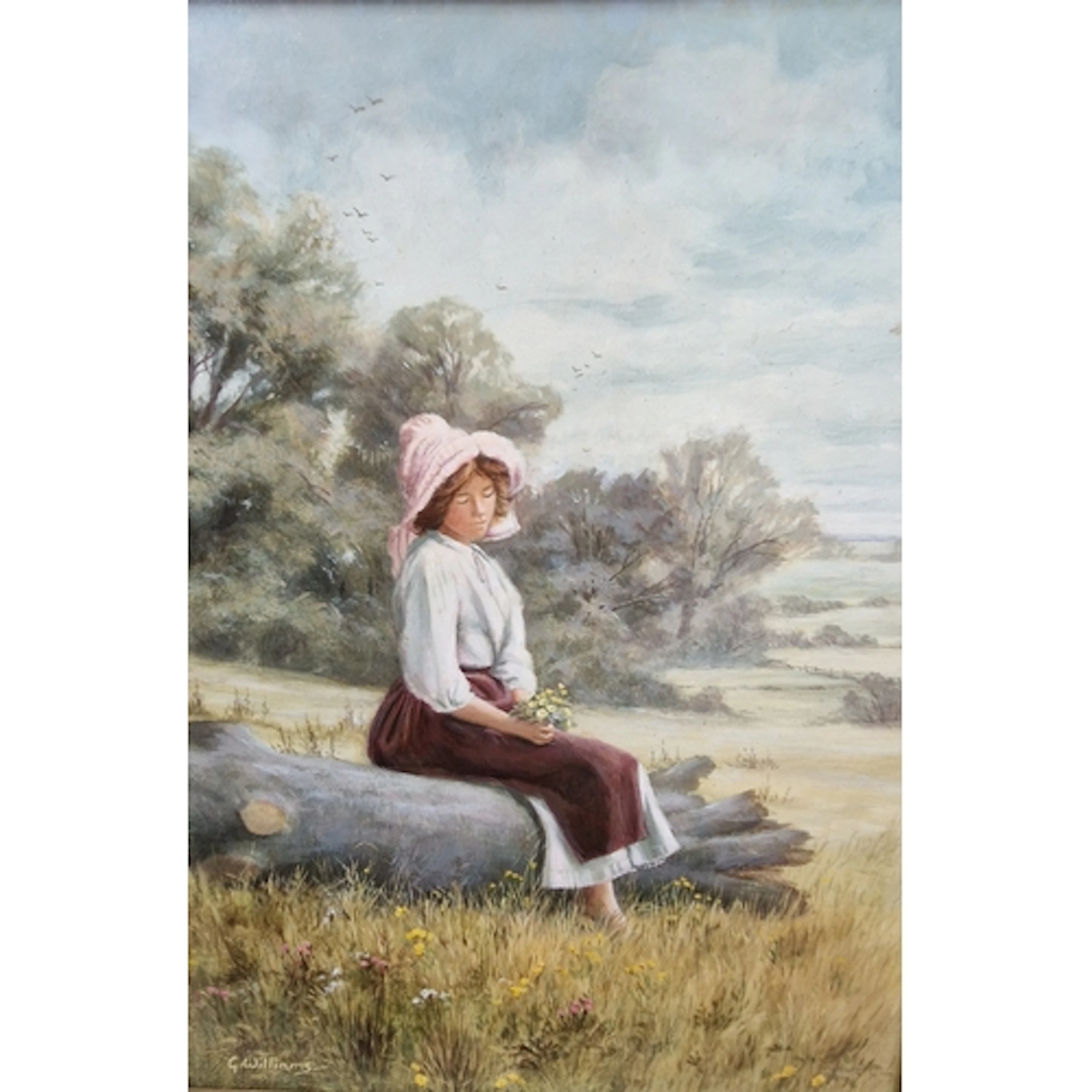G.WILLIAMS. The Primrose Gatherer, oil, possibly over a prin...