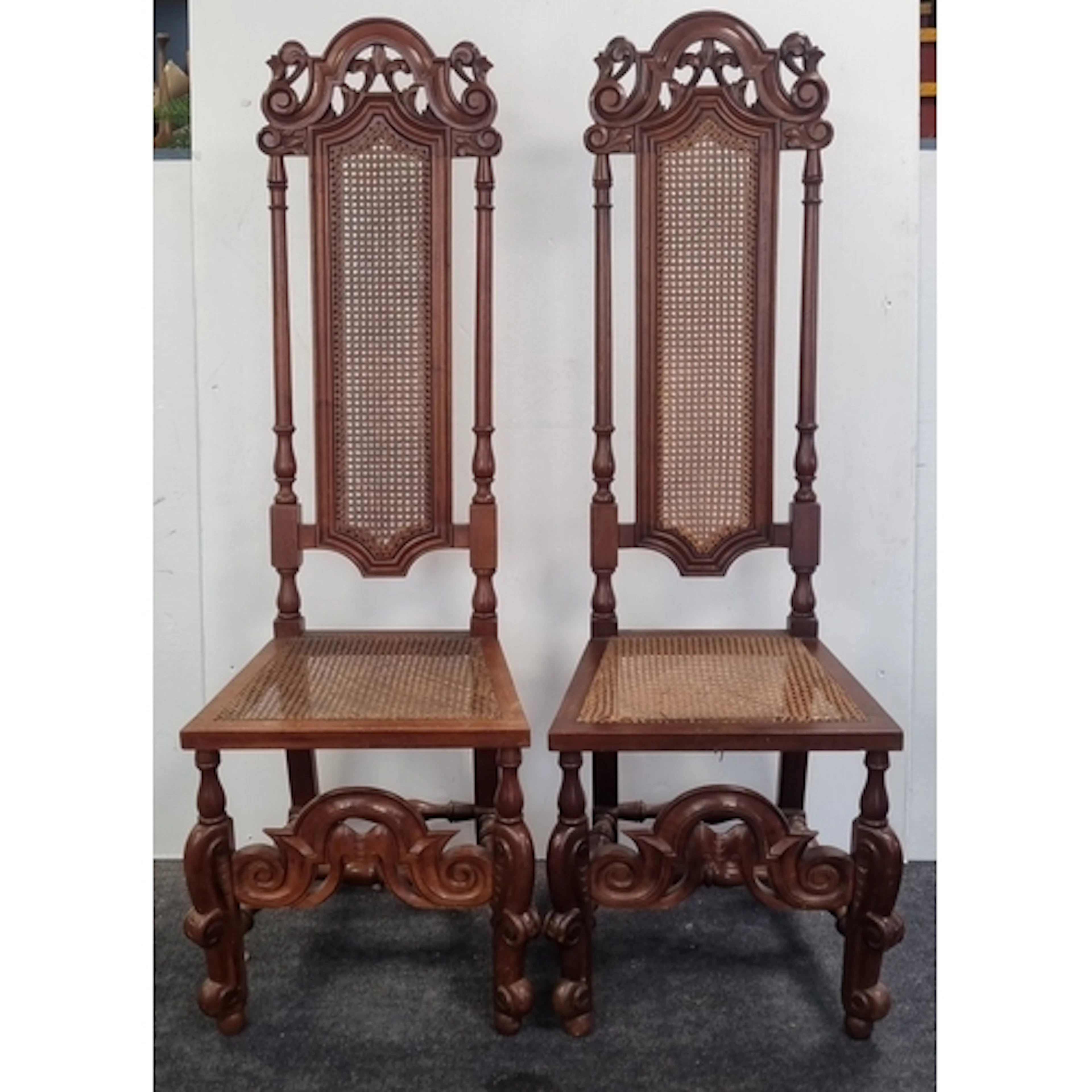 Pair of Carolean style high back hall chairs, H: 140cm X W: ...
