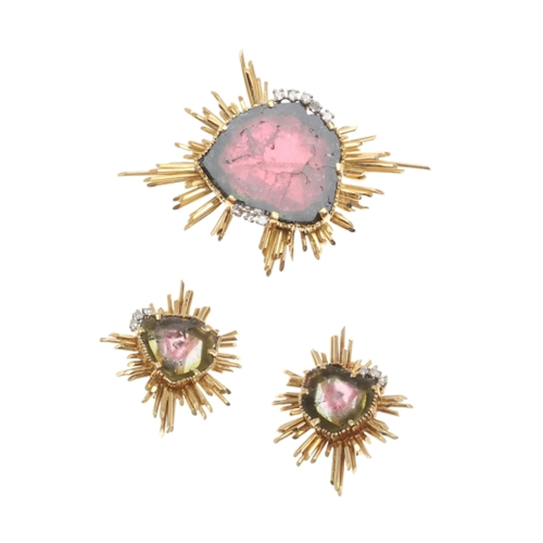 A TOURMALINE, DIAMOND AND 18CT GOLD BROOCH AND EARRINGS. of ...