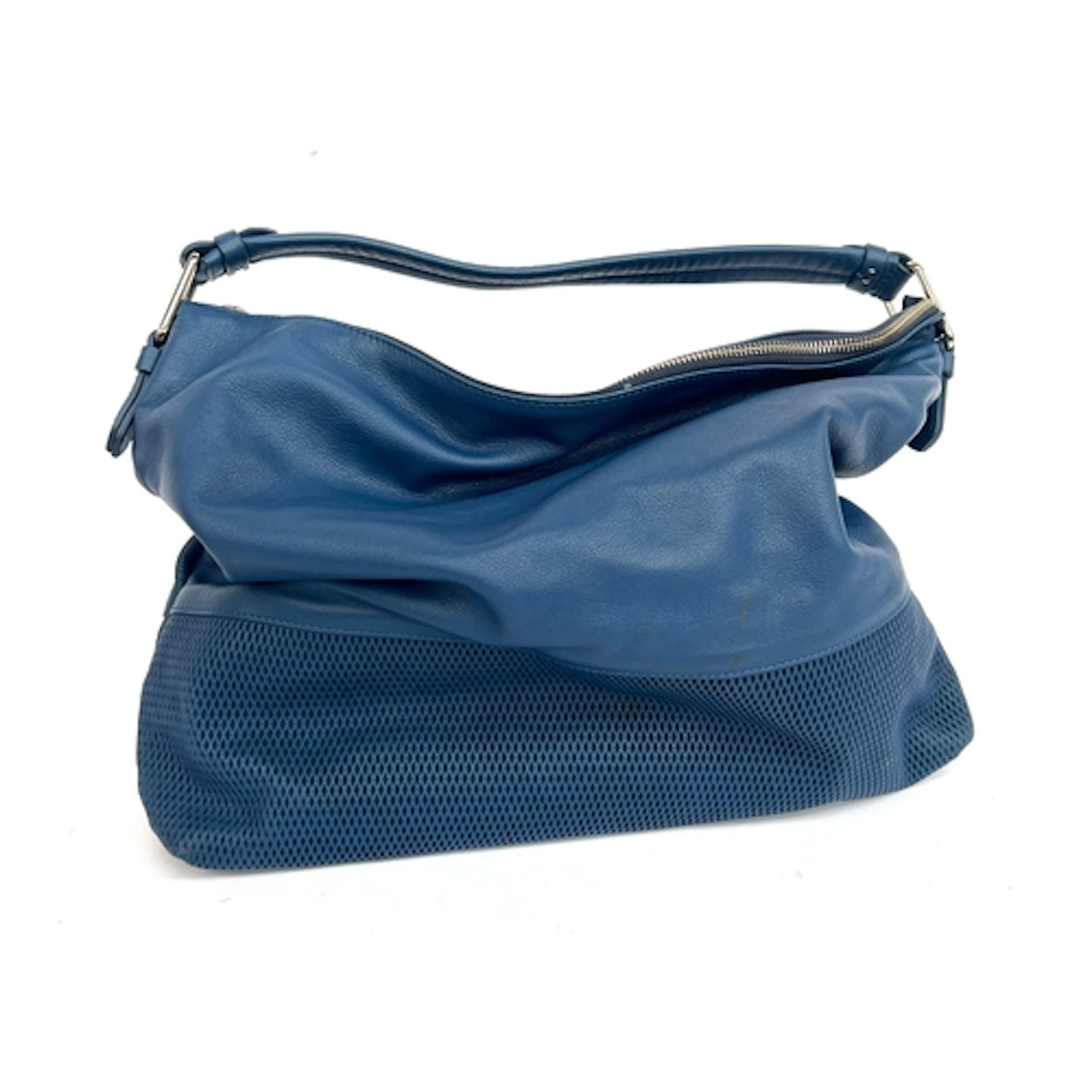 A Gianni Conti blue leather handbag, 41cmW with dustbag