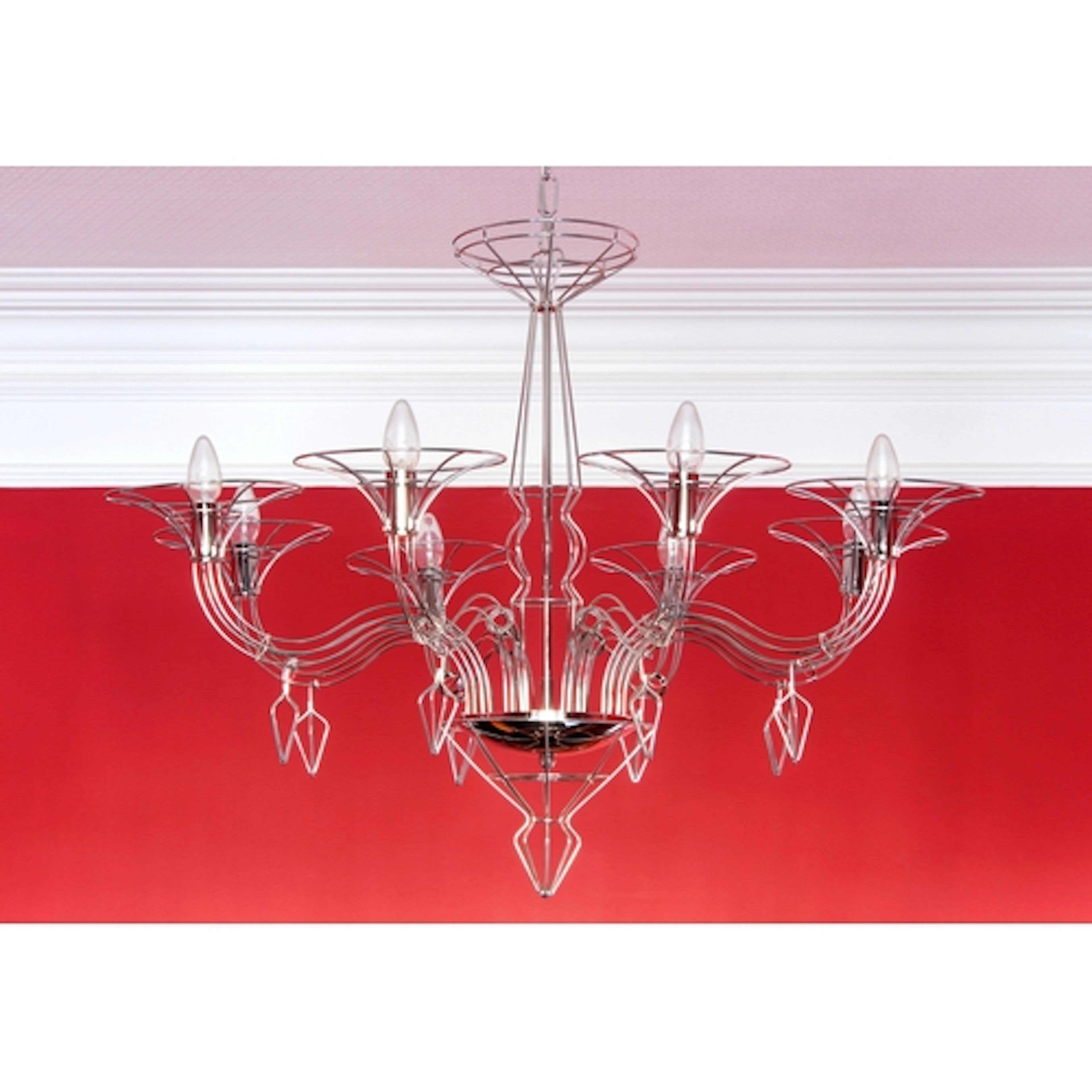 A large, modern chrome framed eight light chandelier - of tr...