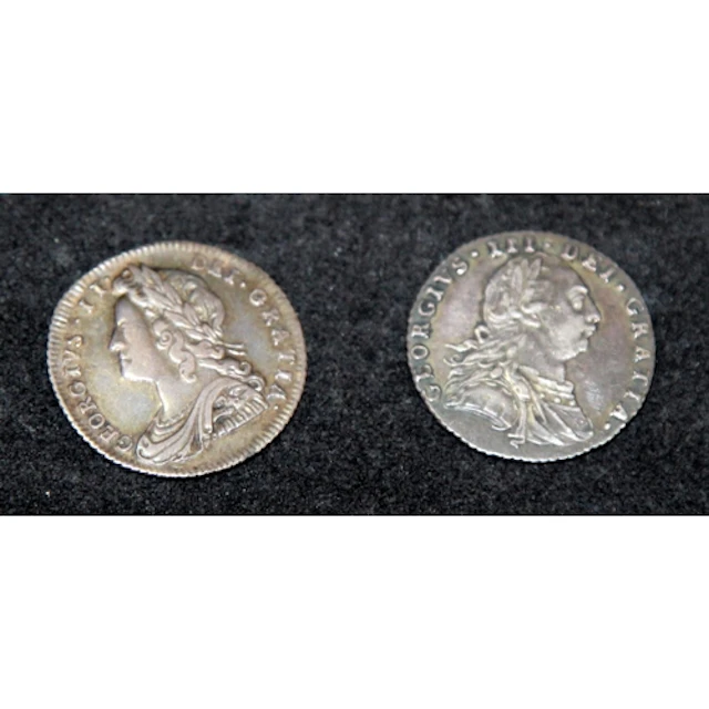 1728 George II sixpence c/w 1787 George III sixpence. Both w...