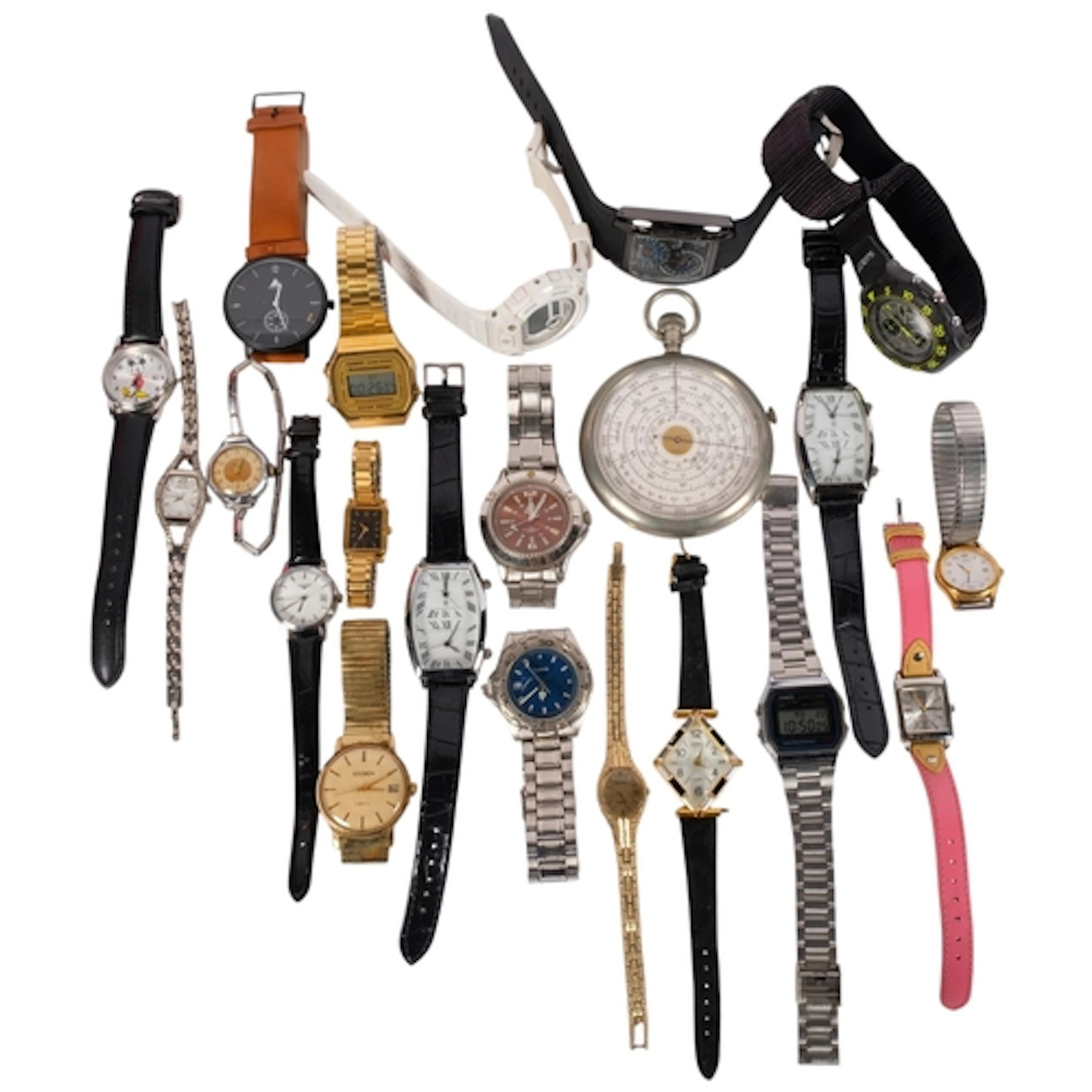 A collection of modern quartz wristwatches, including a pock...