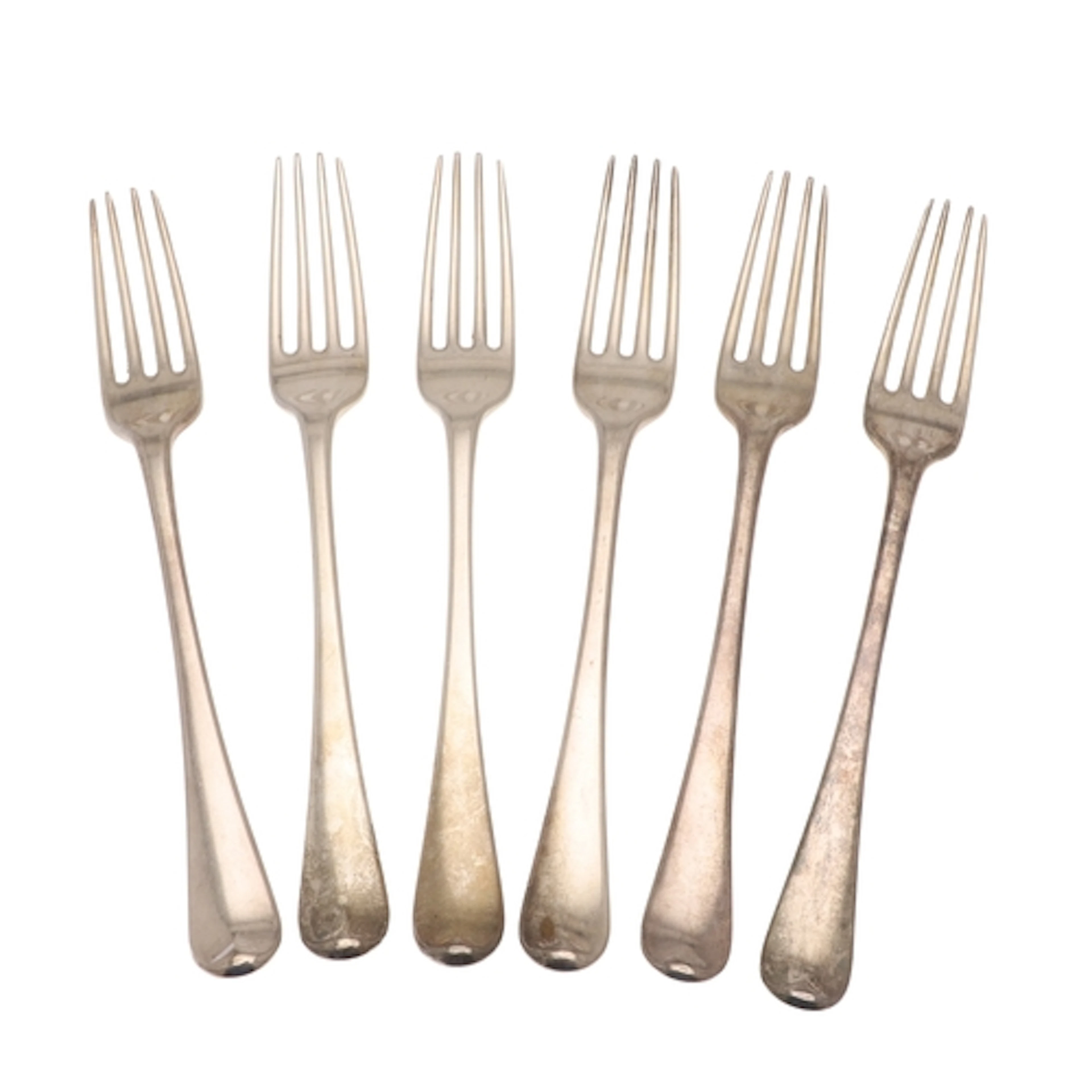A SET OF SIX GEORGE III SILVER OLD ENGLISH PATTERN DINNER FO...