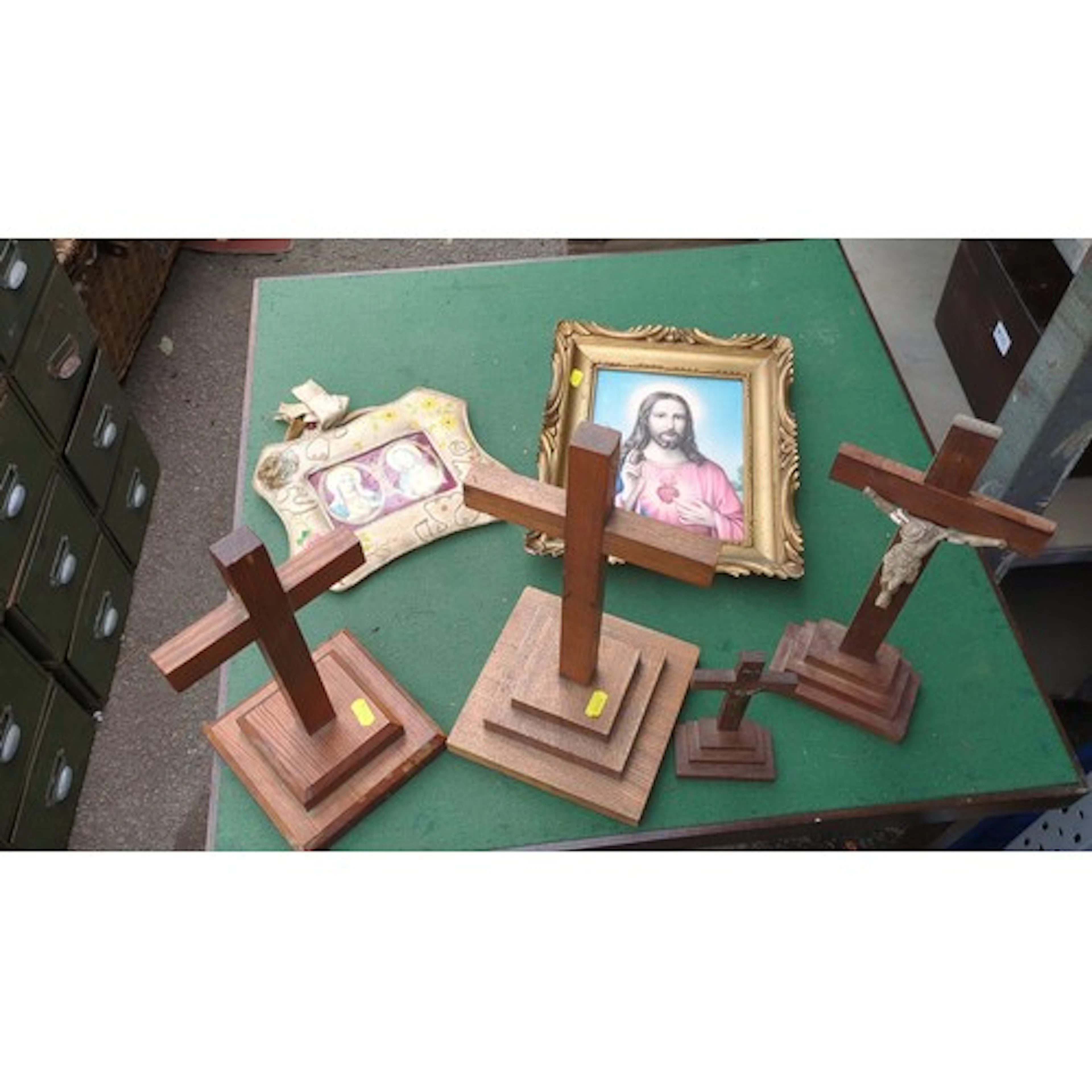 A group of devotional items comprising framed chromolithogra...