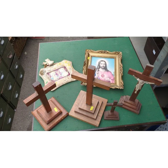 A group of devotional items comprising framed chromolithogra...