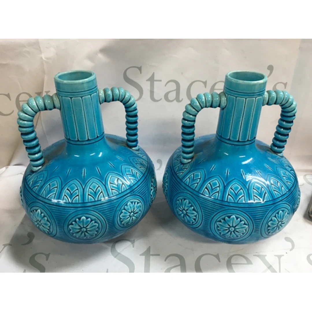A pair of blue Victorian vases and an Art Deco green glazed ...