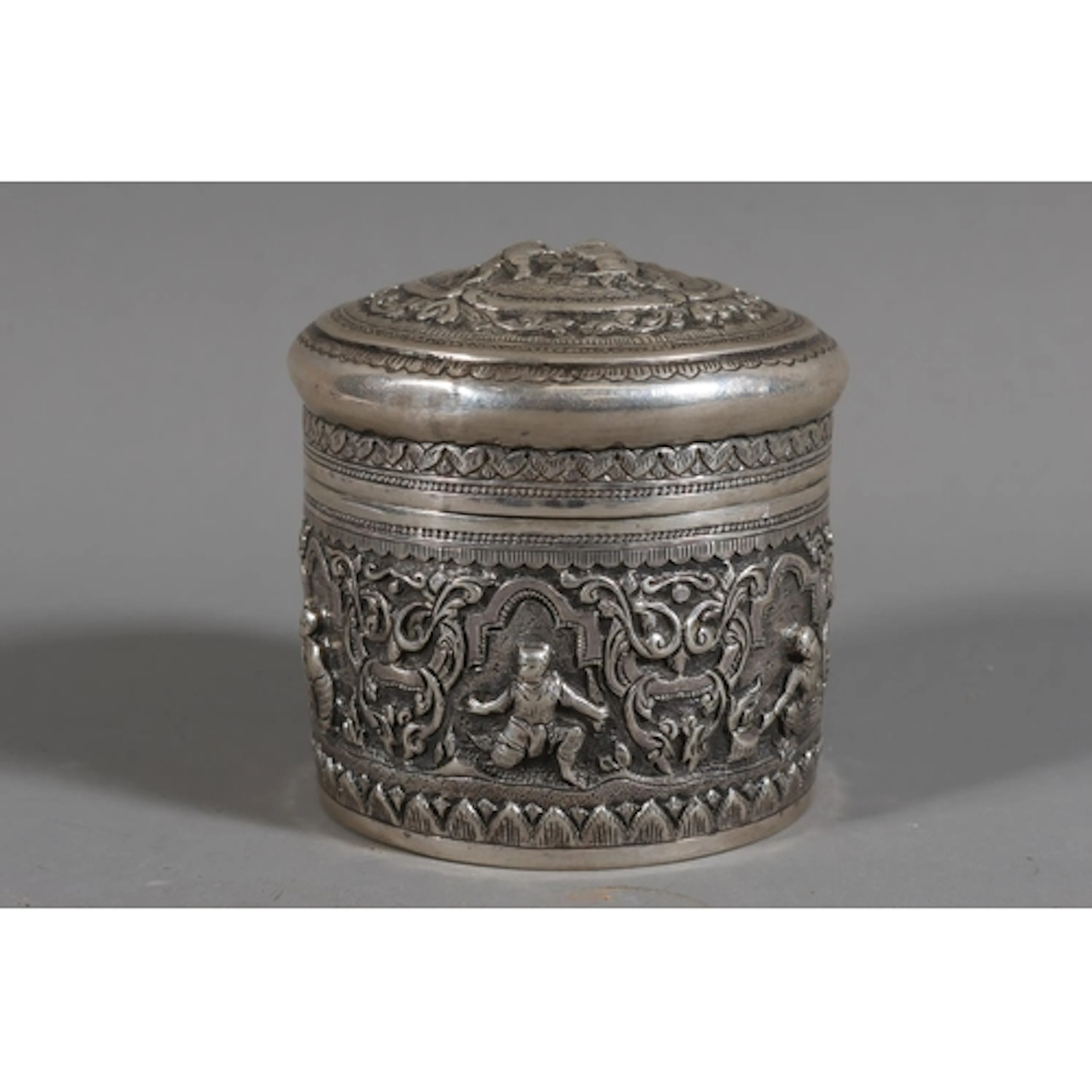 Indian white metal tea cannister box decorated in relief wit...